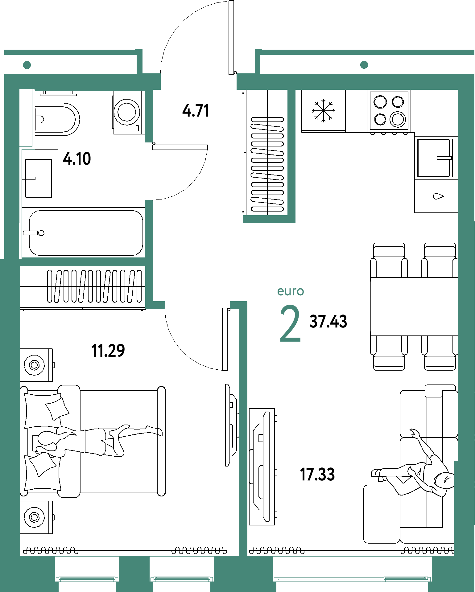 ЖК "Домашний"-2-комнатная 37.43 м²