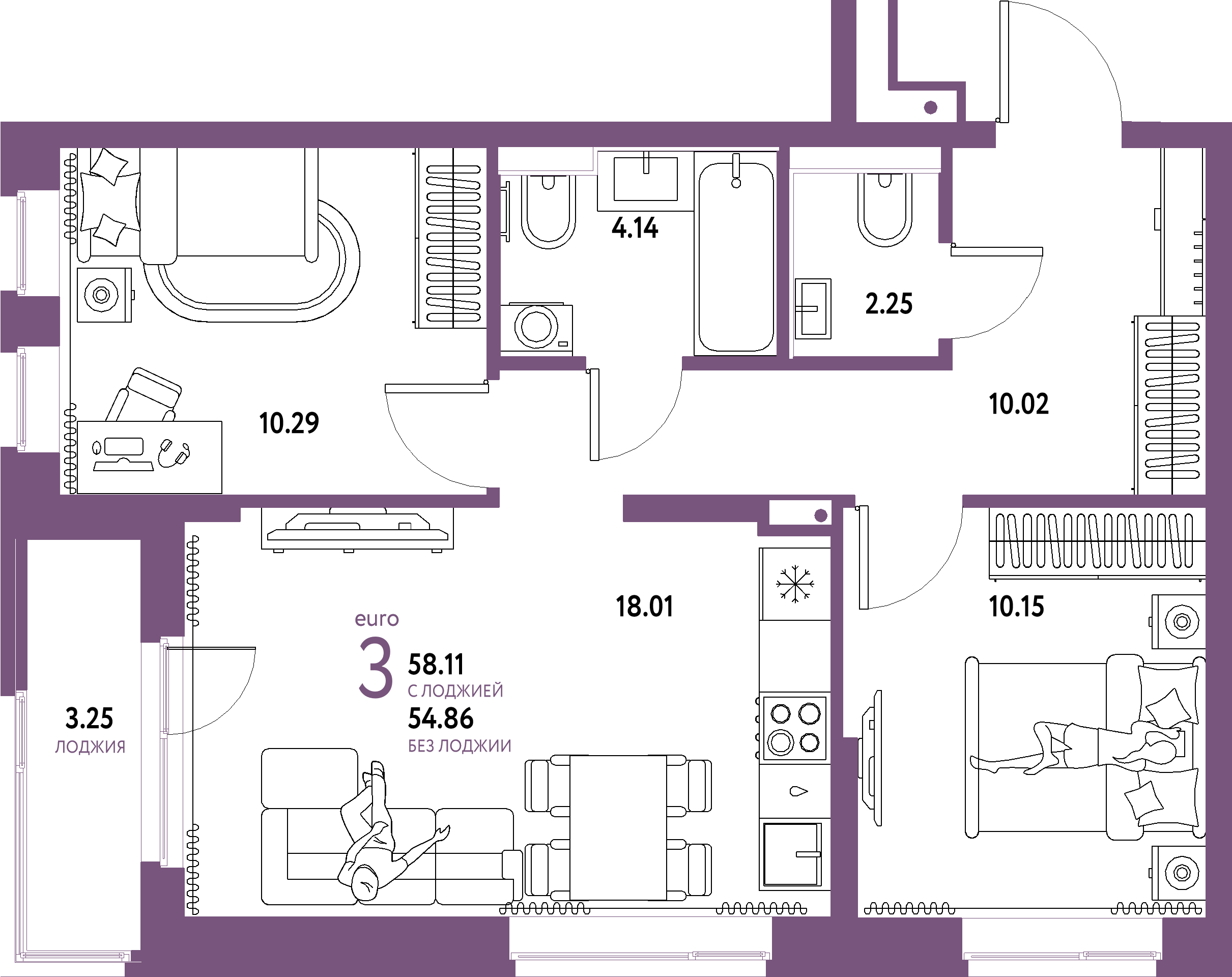 ЖК "Домашний"-3-комнатная 58.11 м²