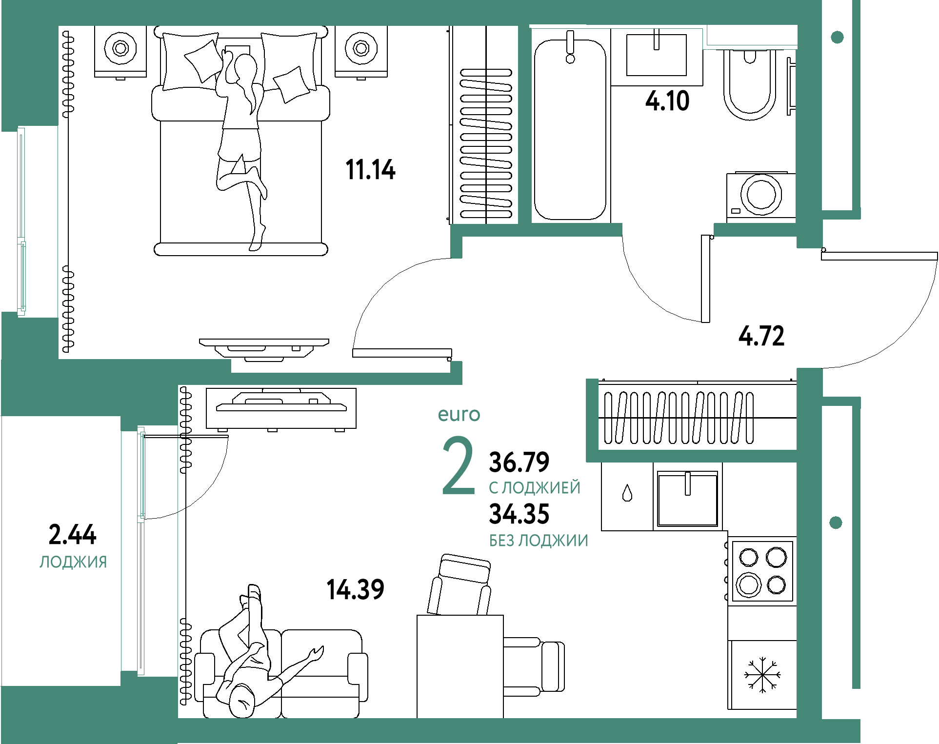 ЖК "Домашний"-2-комнатная 36.79 м²