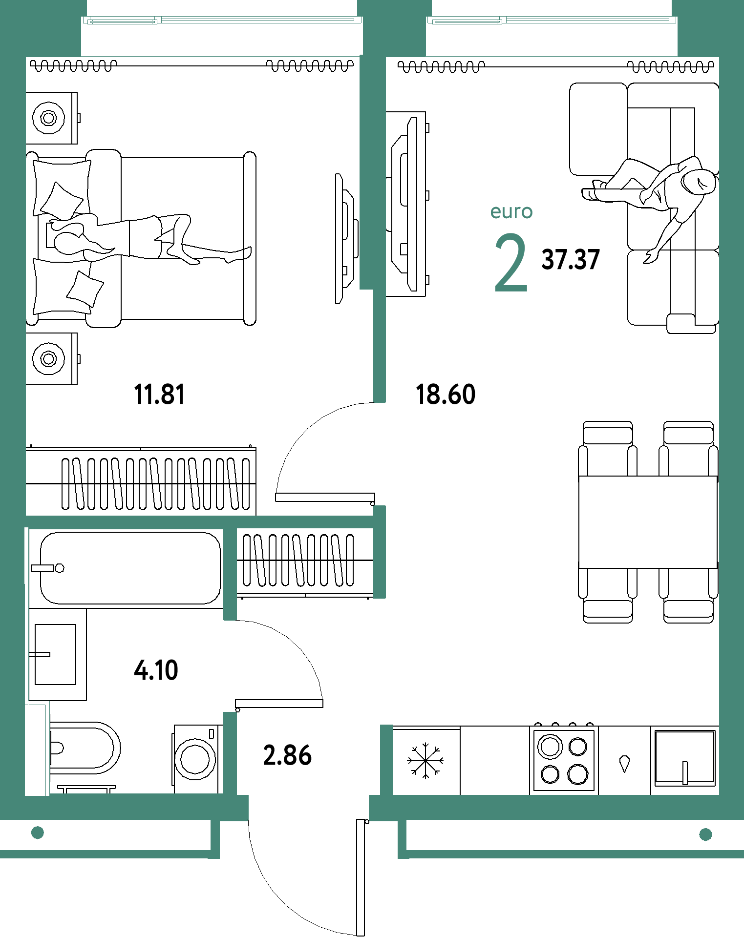 ЖК "Домашний"-2-комнатная 37.37 м²
