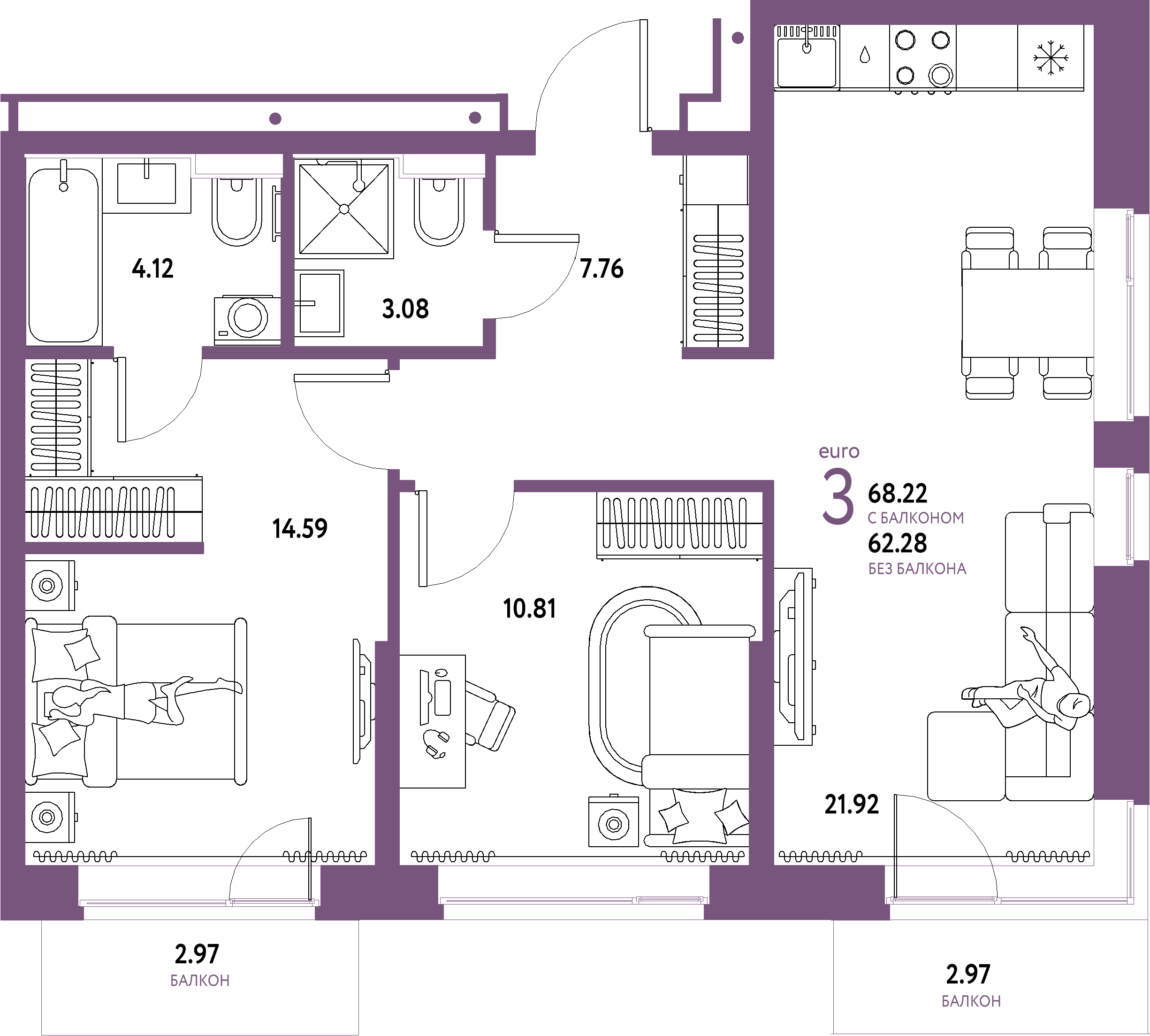 ЖК "Домашний"-3-комнатная 68.22 м²