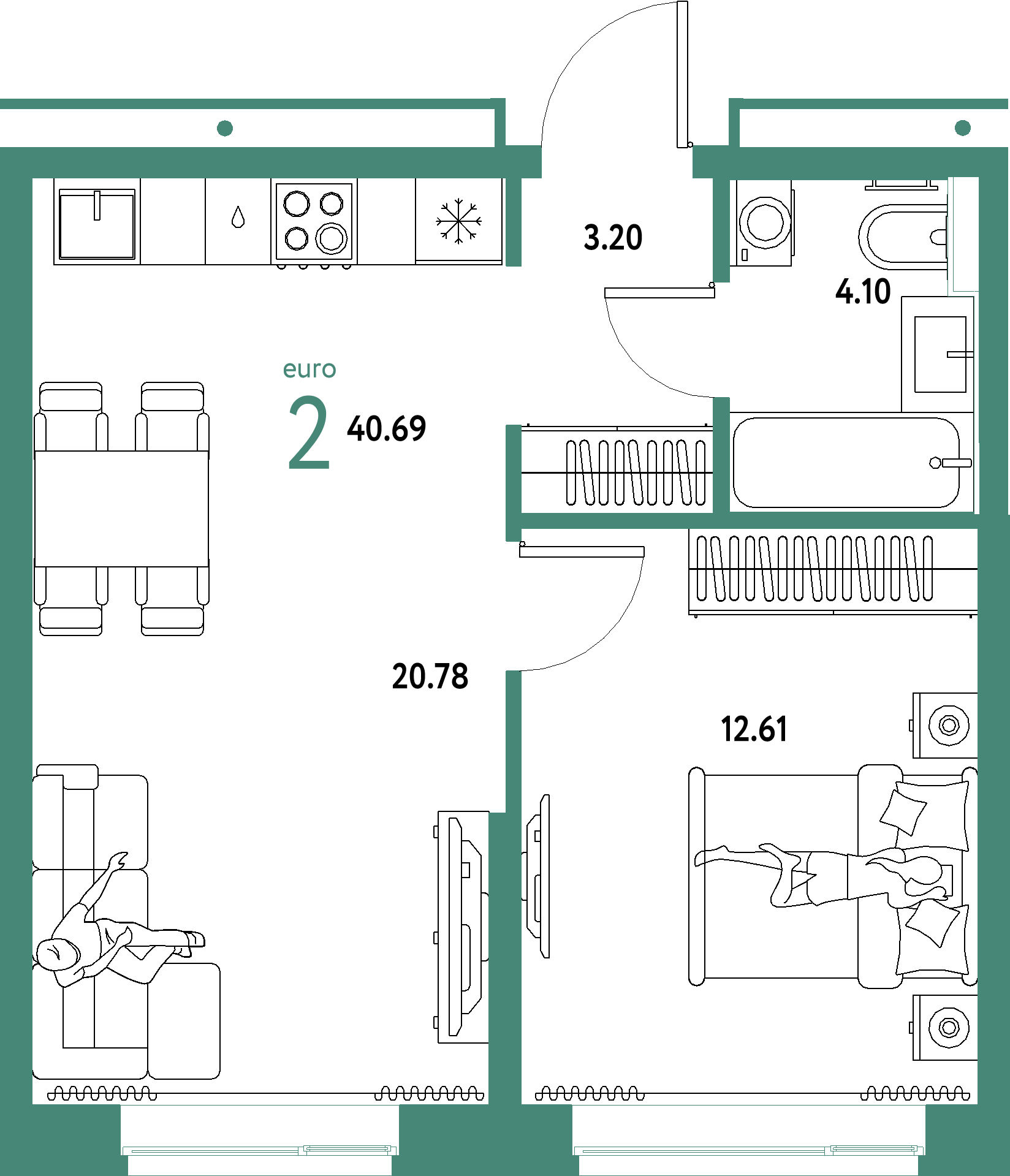 ЖК "Домашний"-2-комнатная 40.69 м²