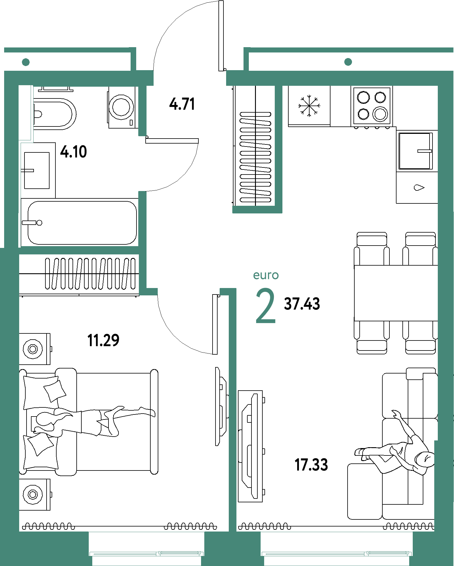 ЖК "Домашний"-2-комнатная 37.43 м²