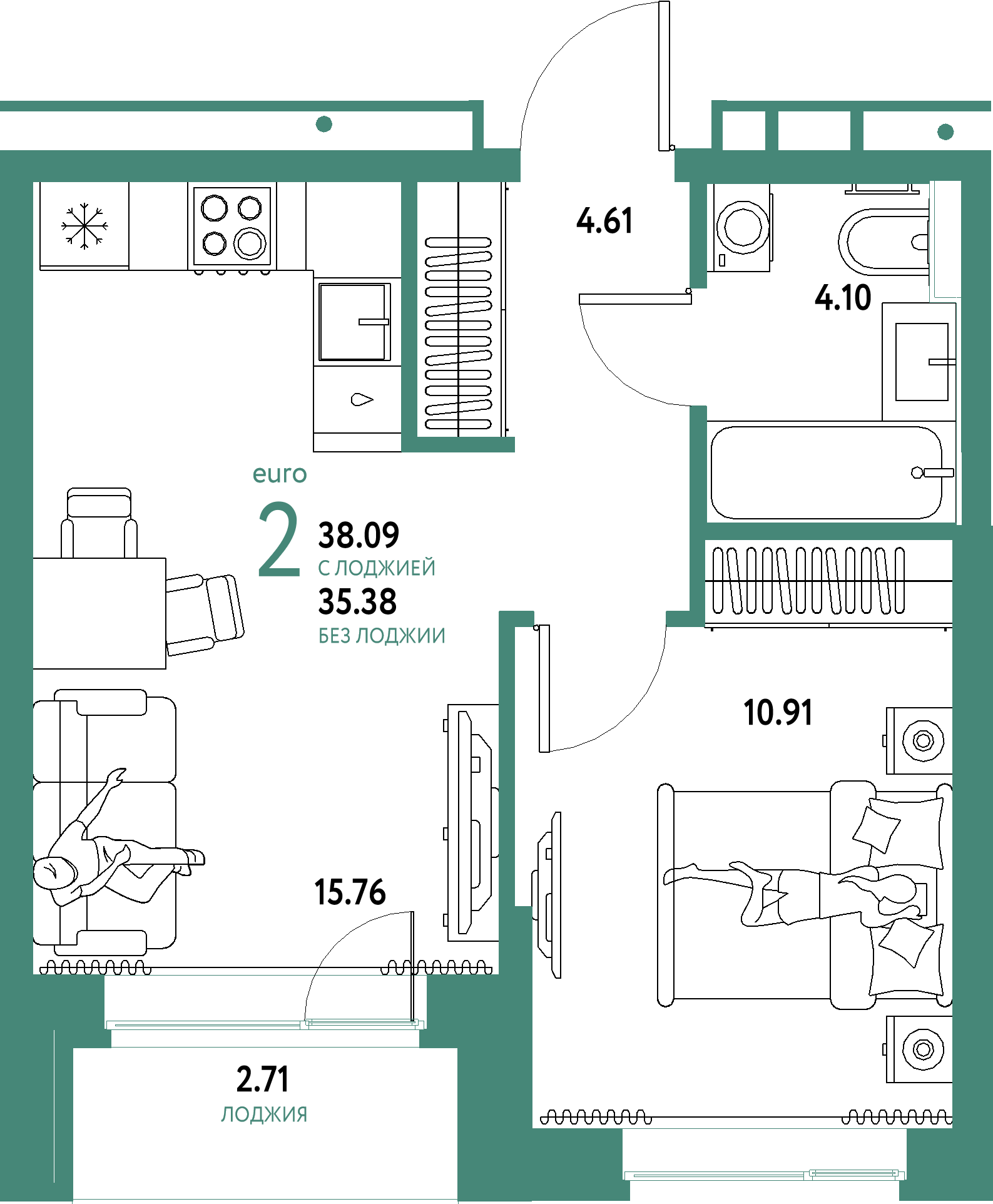 ЖК "Домашний"-2-комнатная 38.09 м²