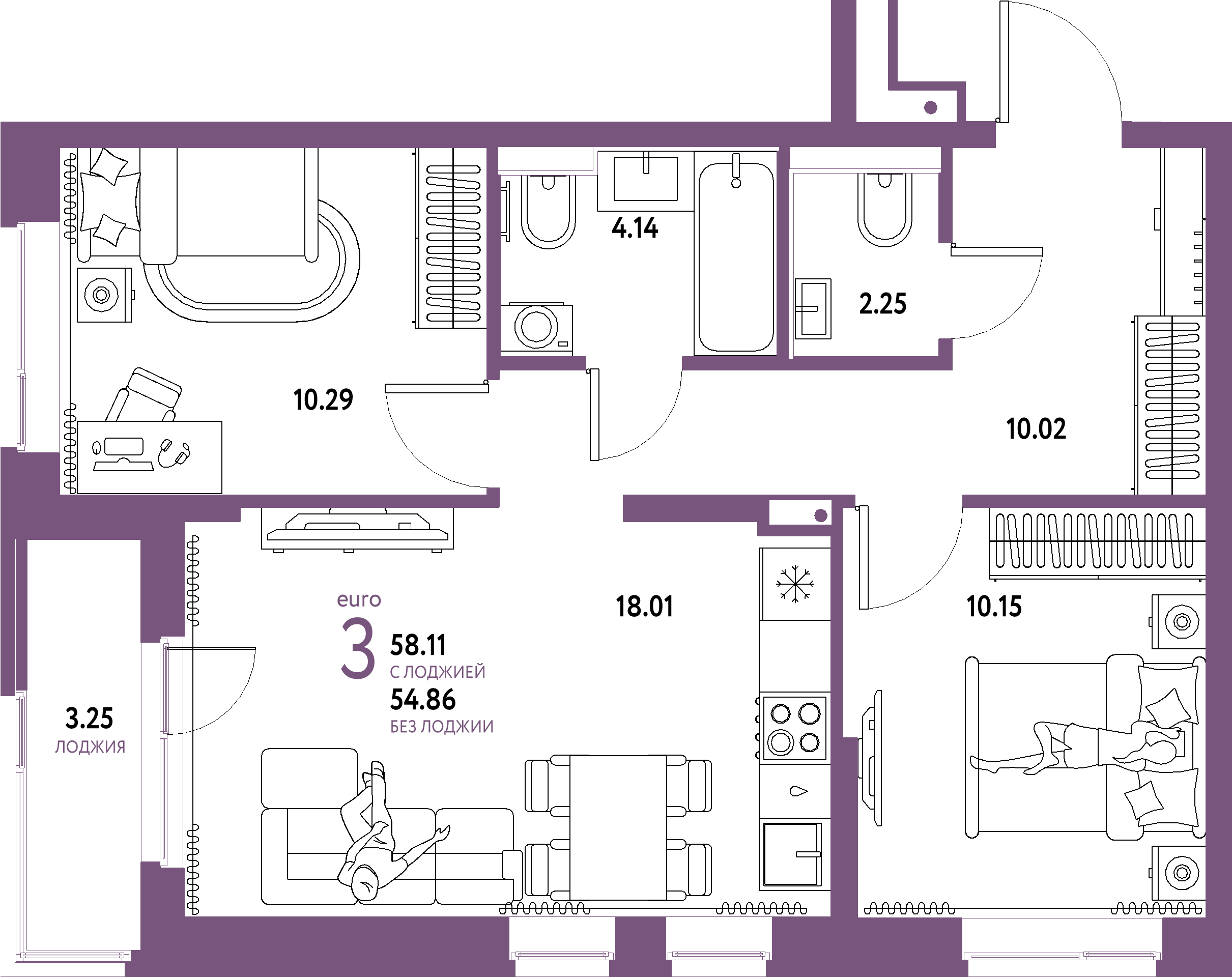 ЖК "Домашний"-3-комнатная 58.11 м²