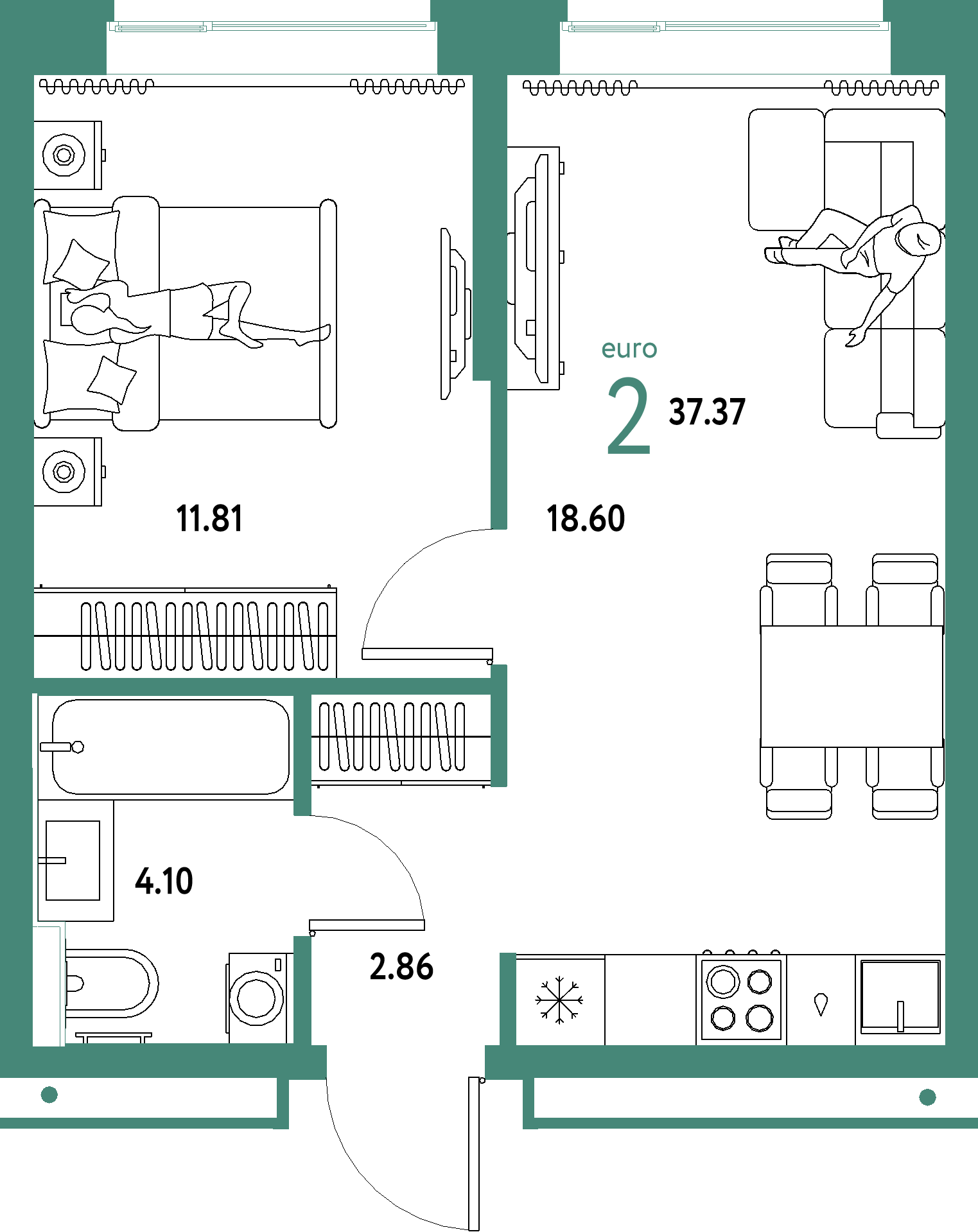 ЖК "Домашний"-2-комнатная 37.37 м²