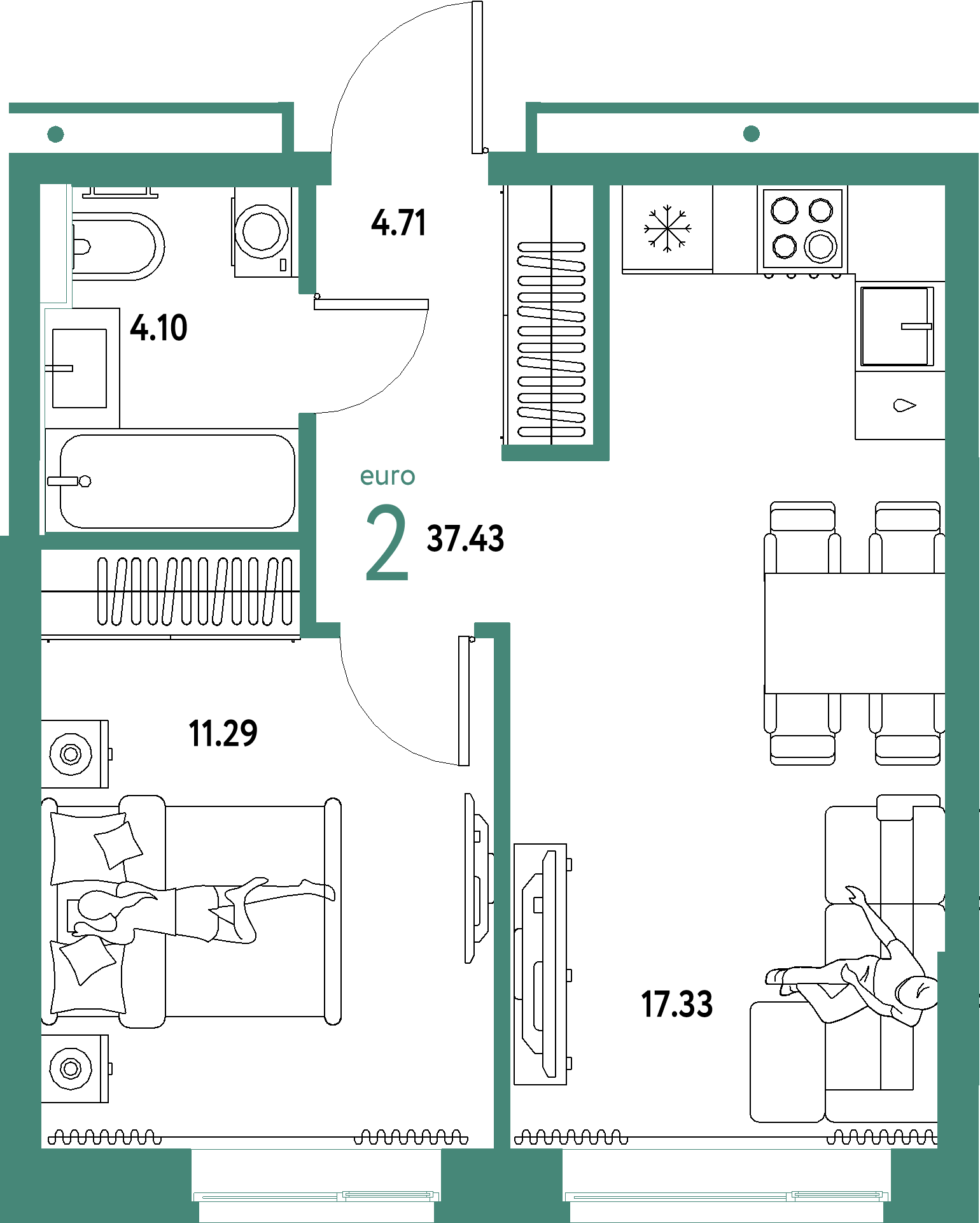 ЖК "Домашний"-2-комнатная 37.43 м²