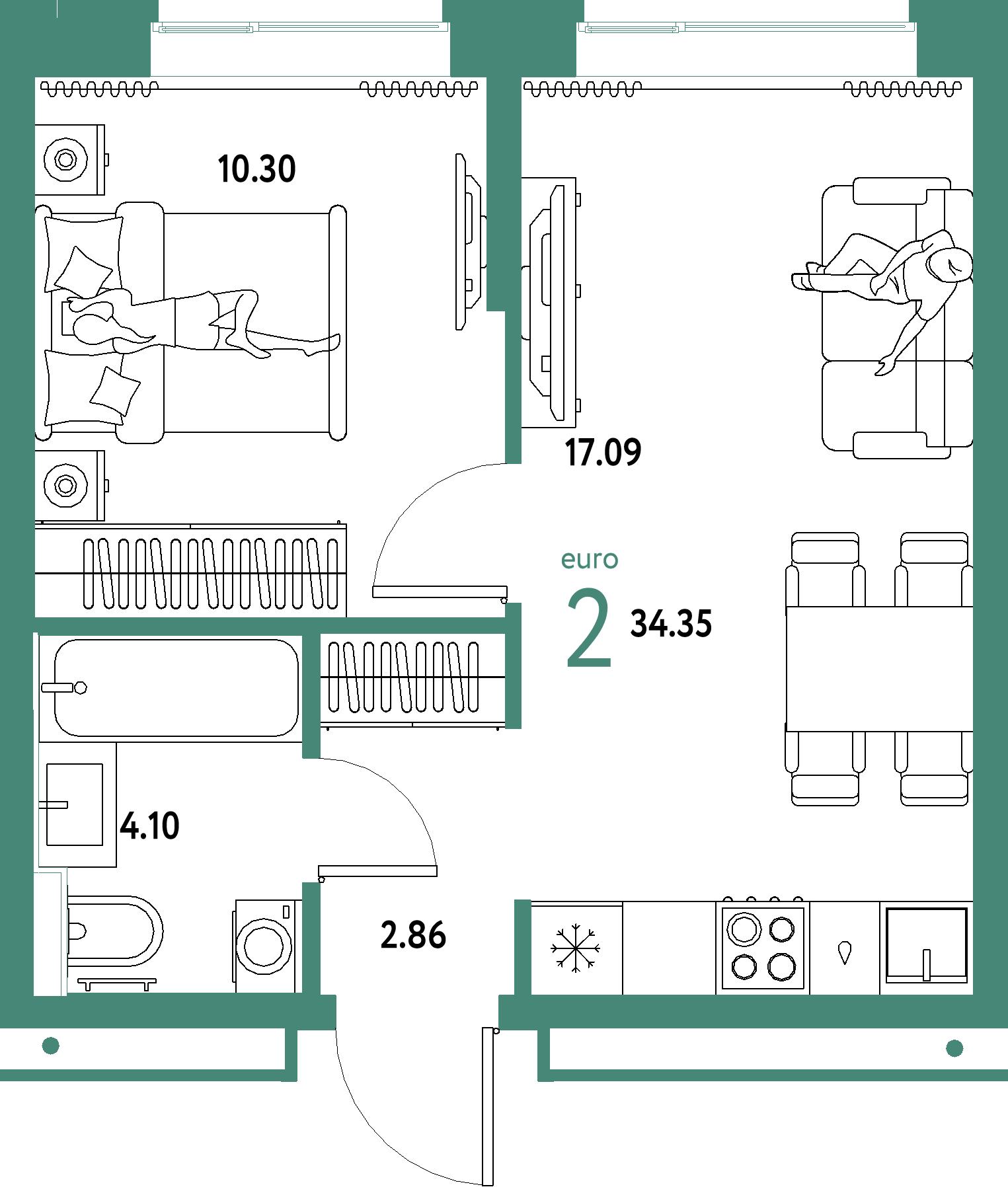 ЖК "Домашний"-2-комнатная 34.35 м²