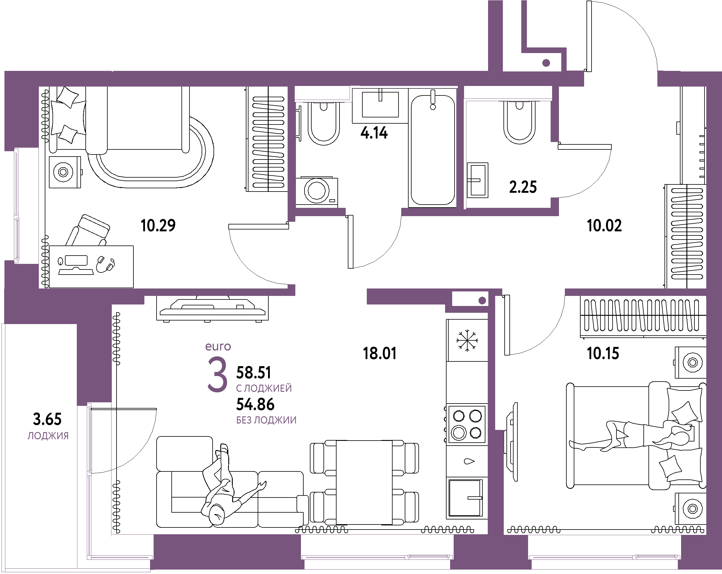 ЖК "Домашний"-3-комнатная 58.51 м²