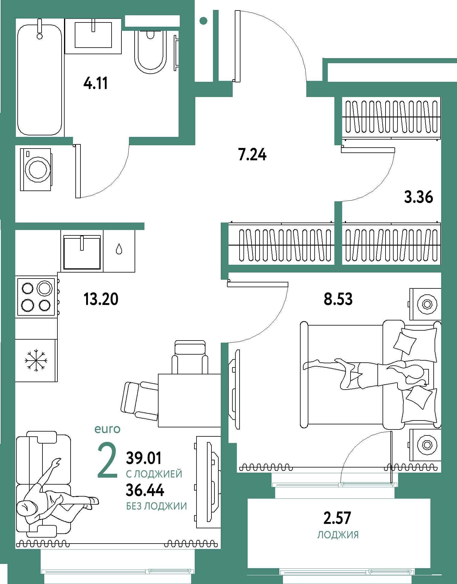 ЖК "Домашний"-2-комнатная 39.01 м²