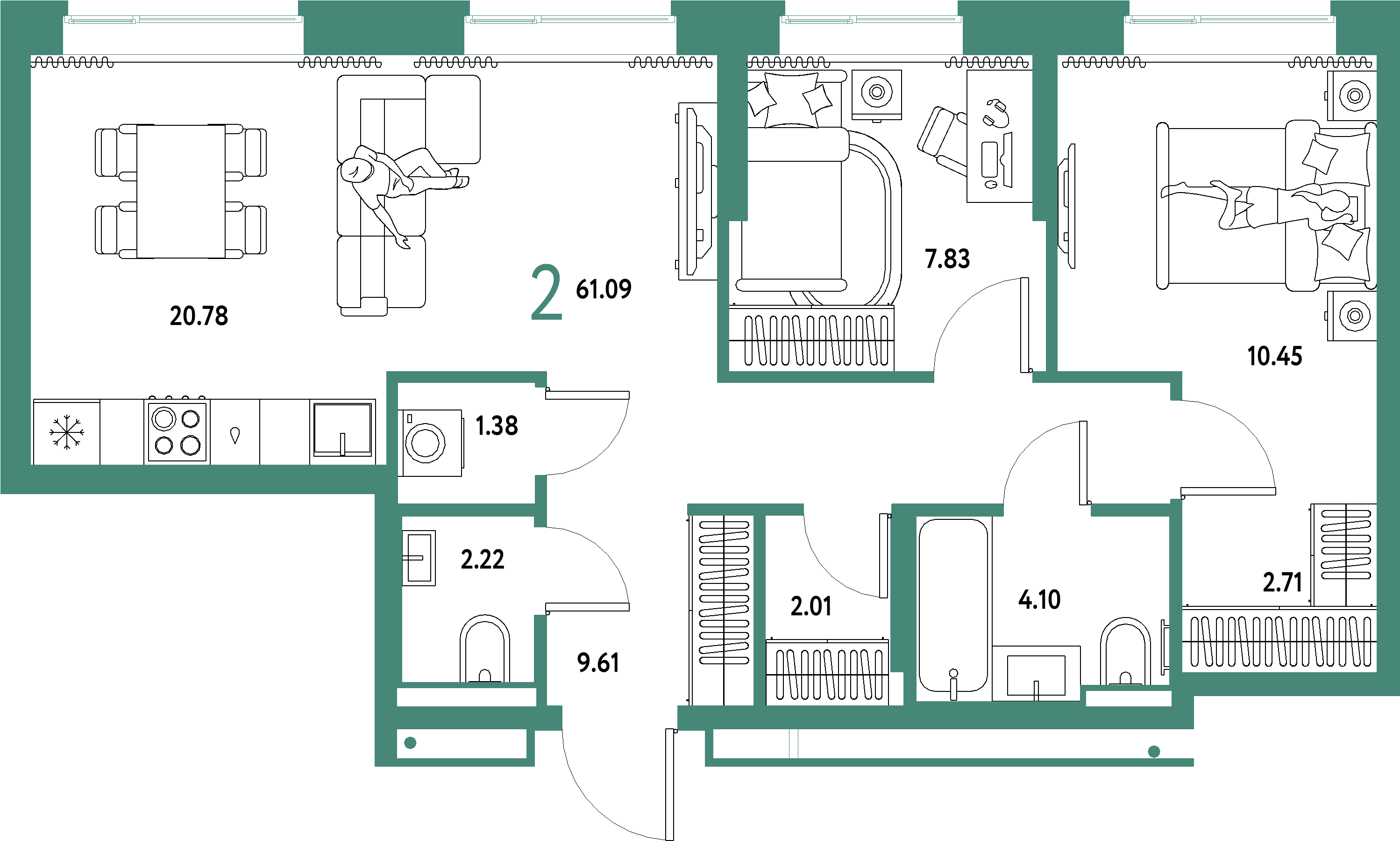 ЖК "Домашний"-3-комнатная 61.09 м²