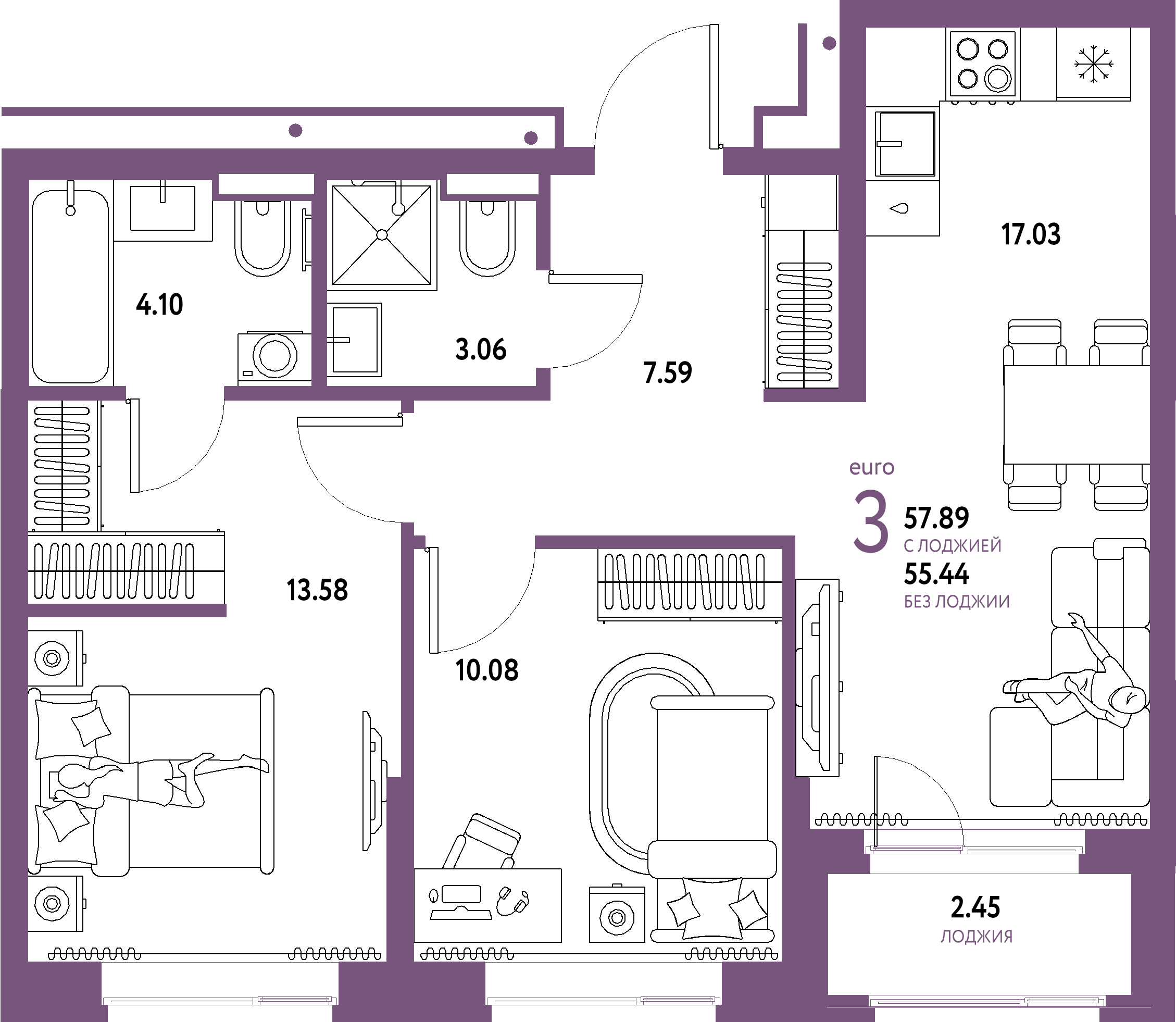 Купить 3-комнатную квартиру 57.89м², этаж №2 кв №160 в ЖК 