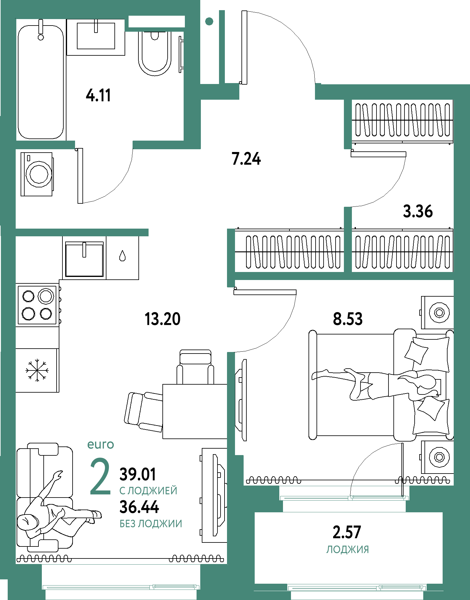 ЖК "Домашний"-2-комнатная 39.01 м²