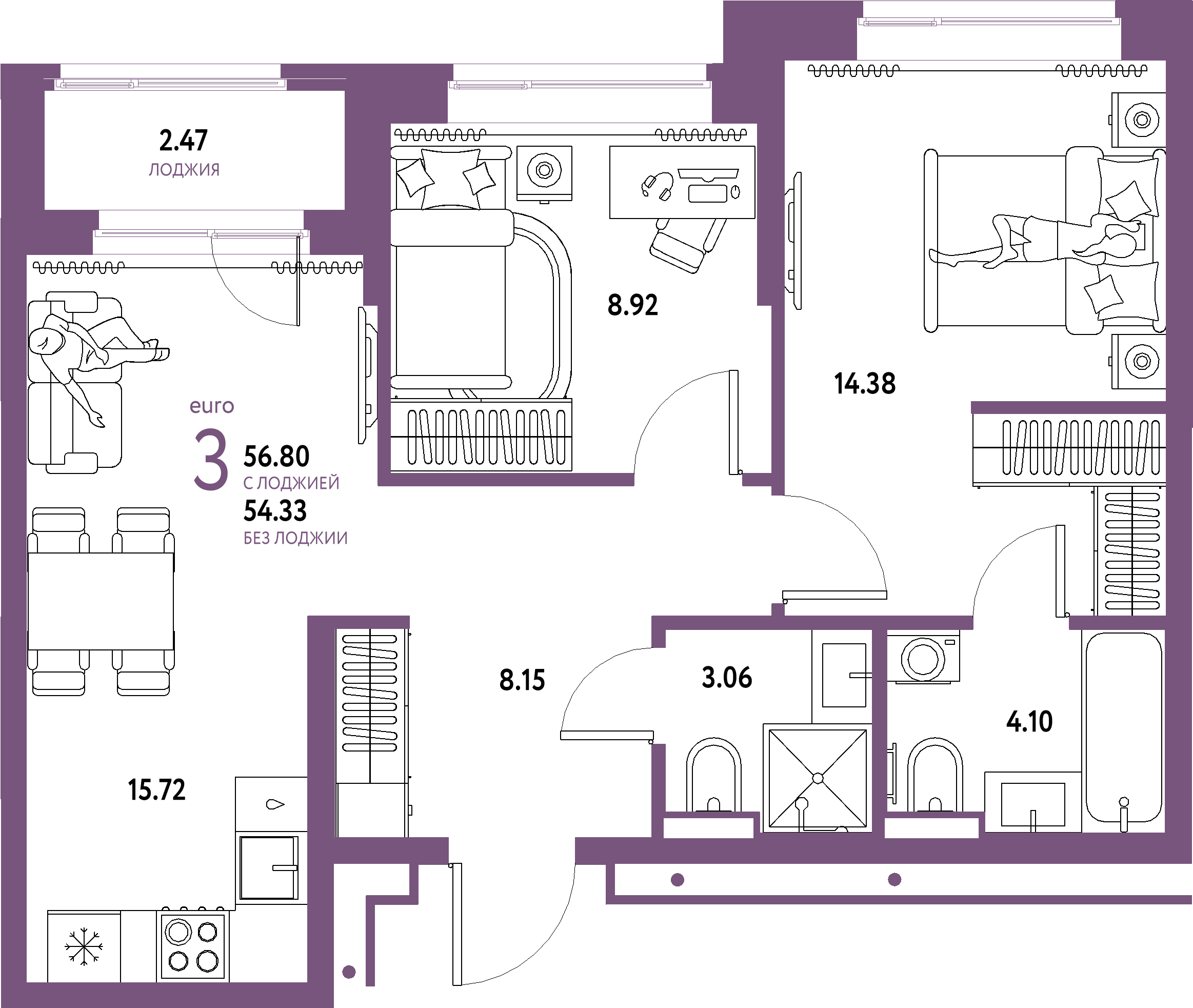ЖК "Домашний"-3-комнатная 56.8 м²