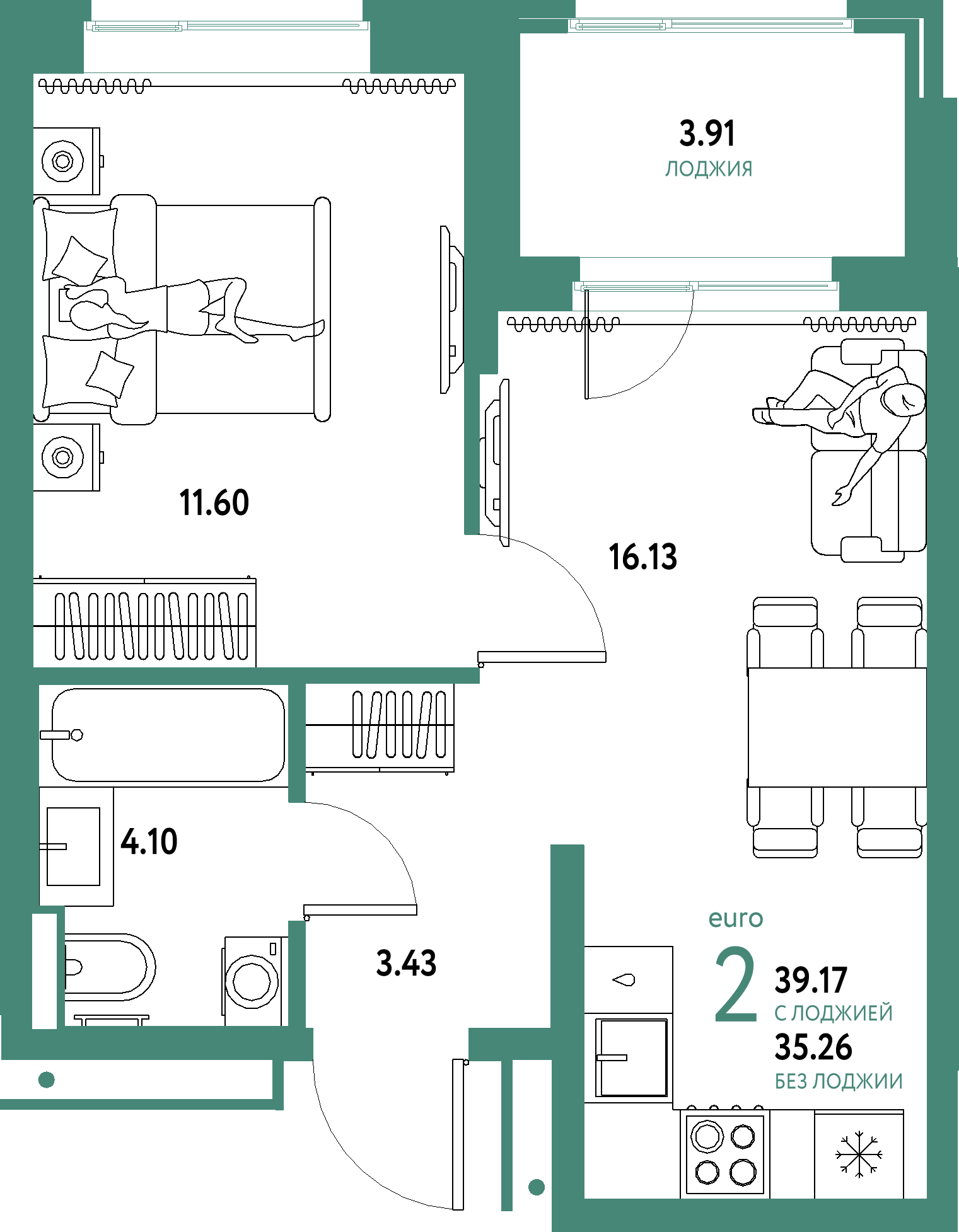 ЖК "Домашний"-2-комнатная 39.17 м²