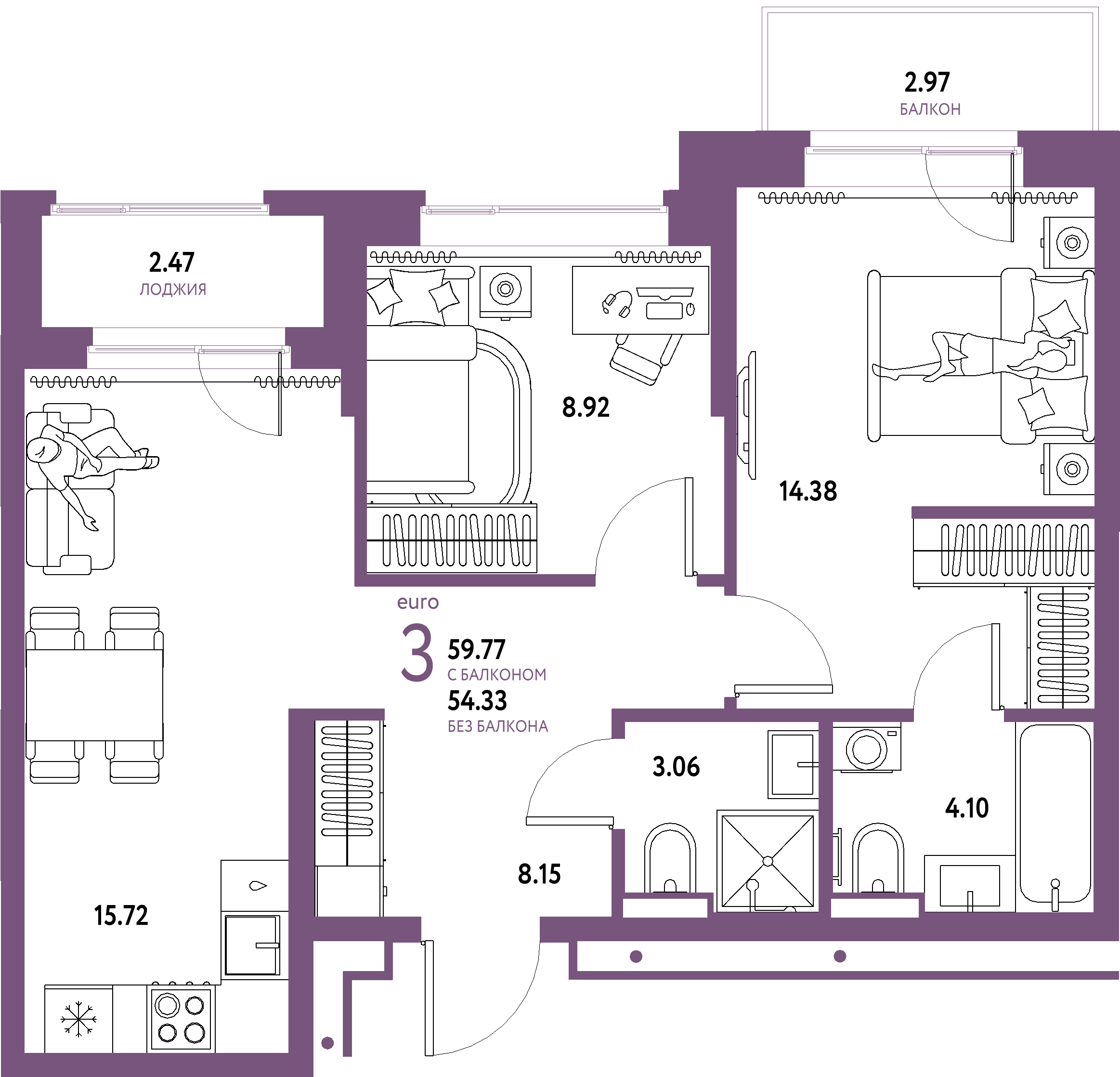 ЖК "Домашний"-3-комнатная 59.77 м²