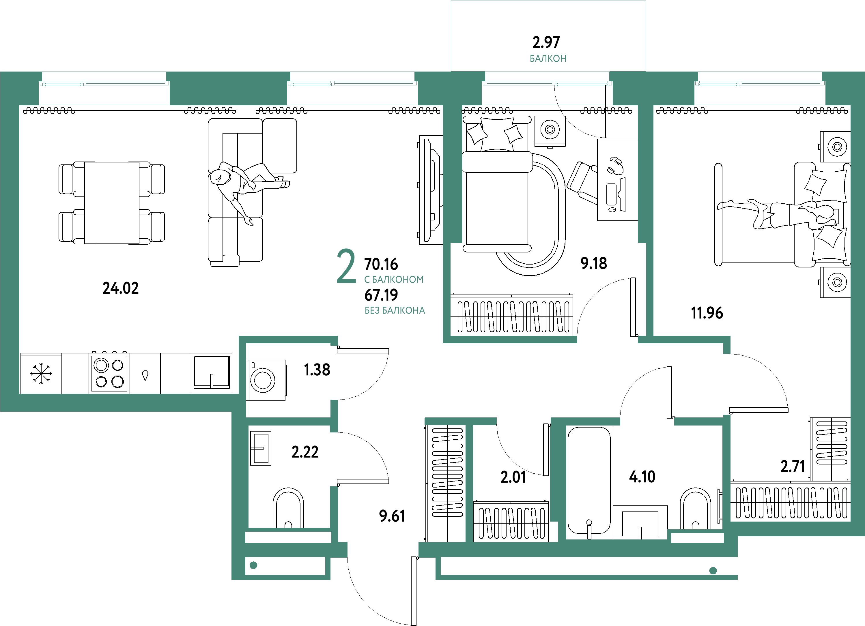 ЖК "Домашний"-3-комнатная 70.16 м²