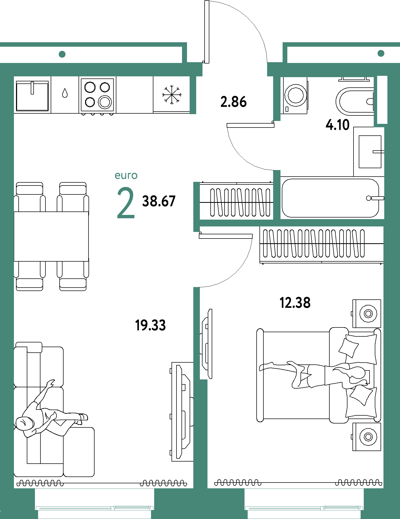 ЖК "Домашний"-2-комнатная 38.67 м²