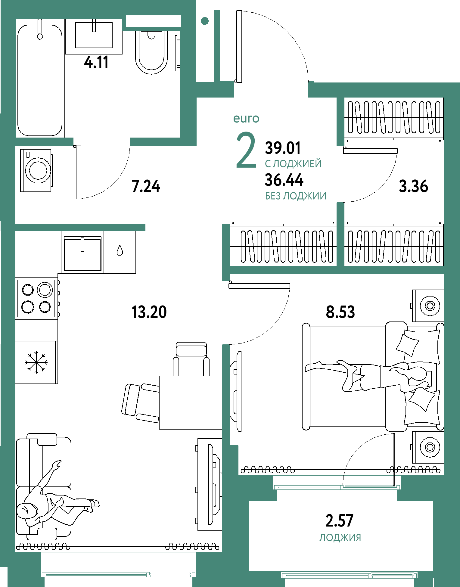 ЖК "Домашний"-2-комнатная 39.01 м²