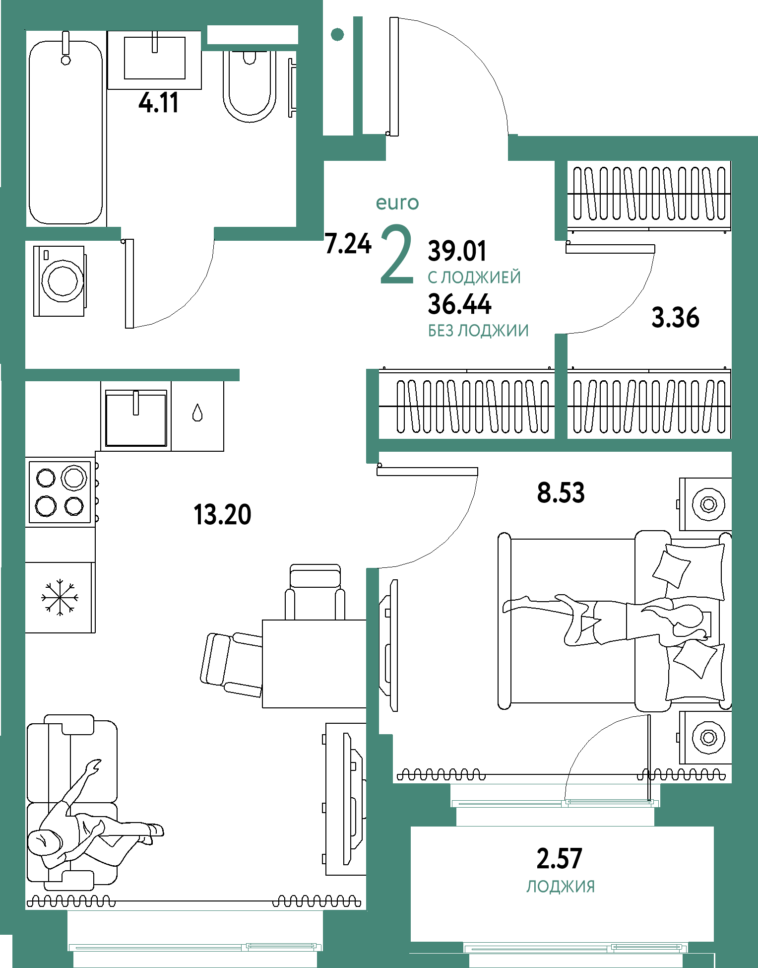 ЖК "Домашний"-2-комнатная 39.01 м²