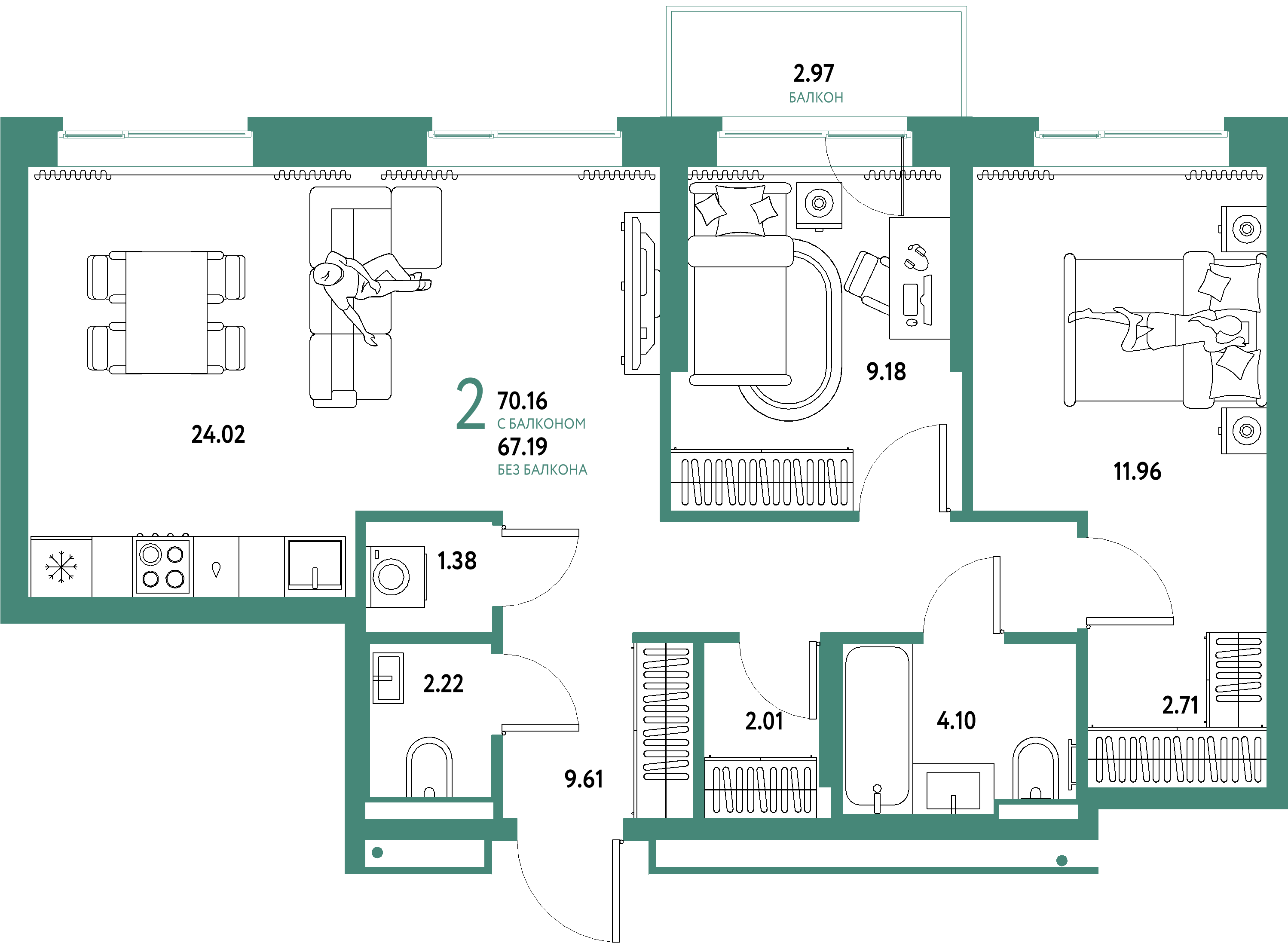 ЖК "Домашний"-3-комнатная 70.16 м²