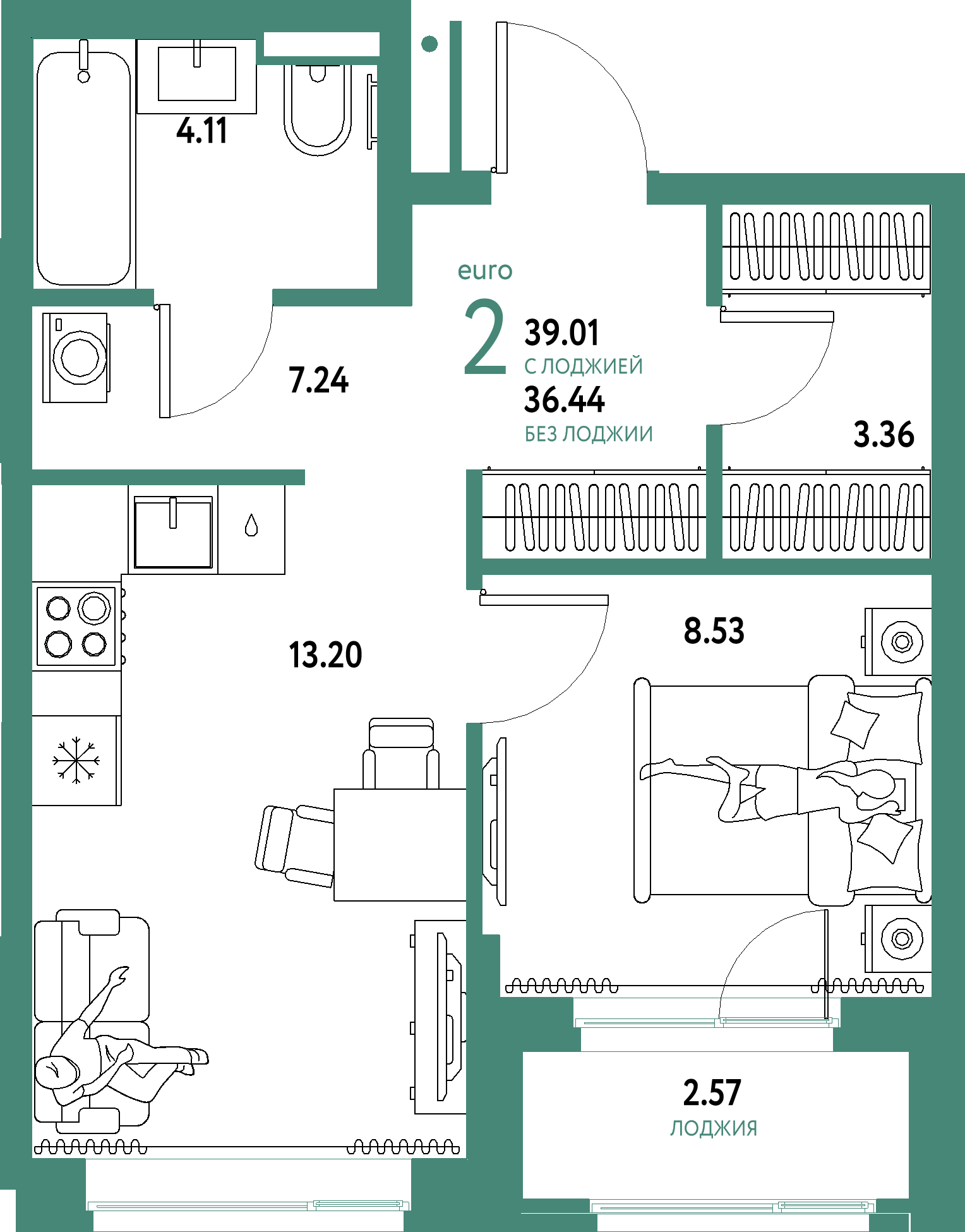 ЖК "Домашний"-2-комнатная 39.01 м²