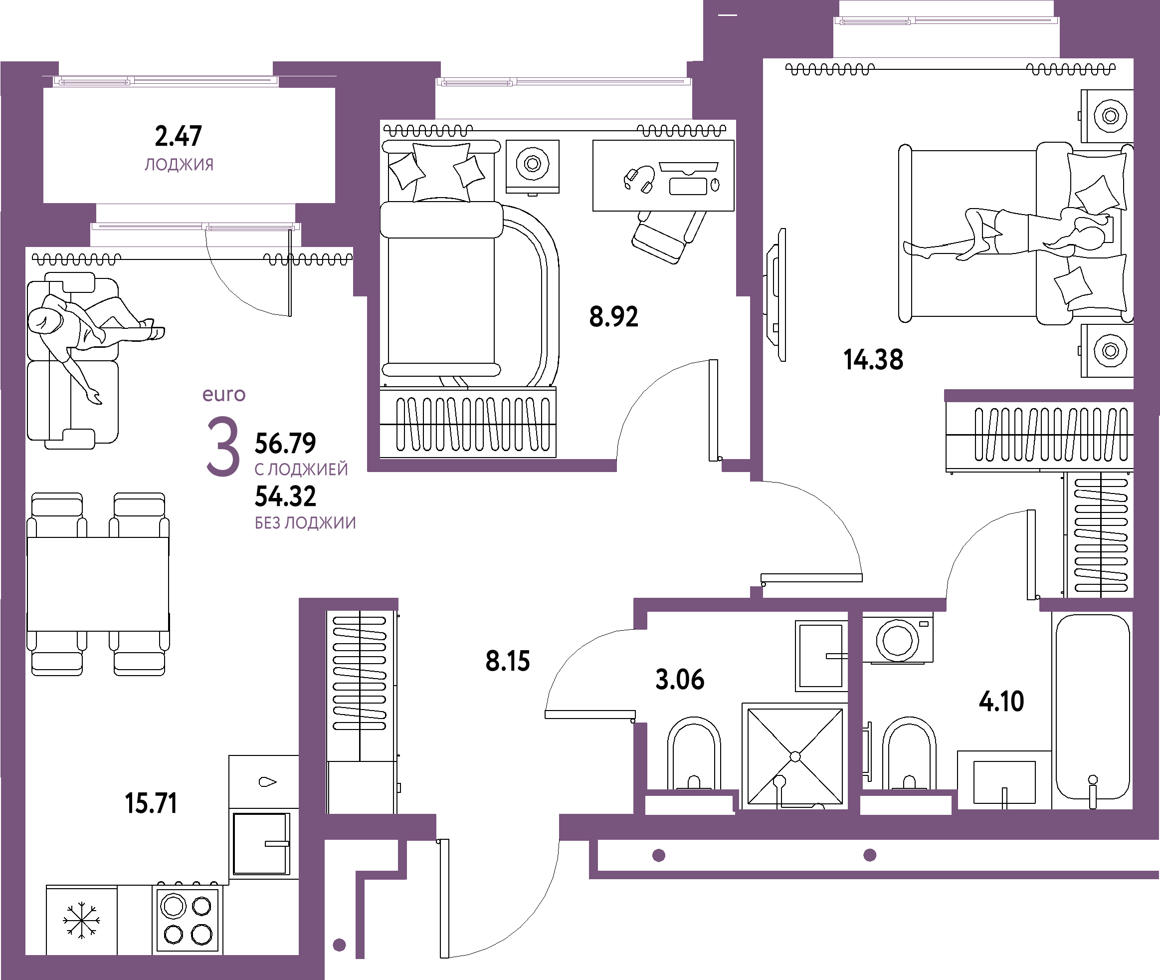 ЖК "Домашний"-3-комнатная 56.79 м²