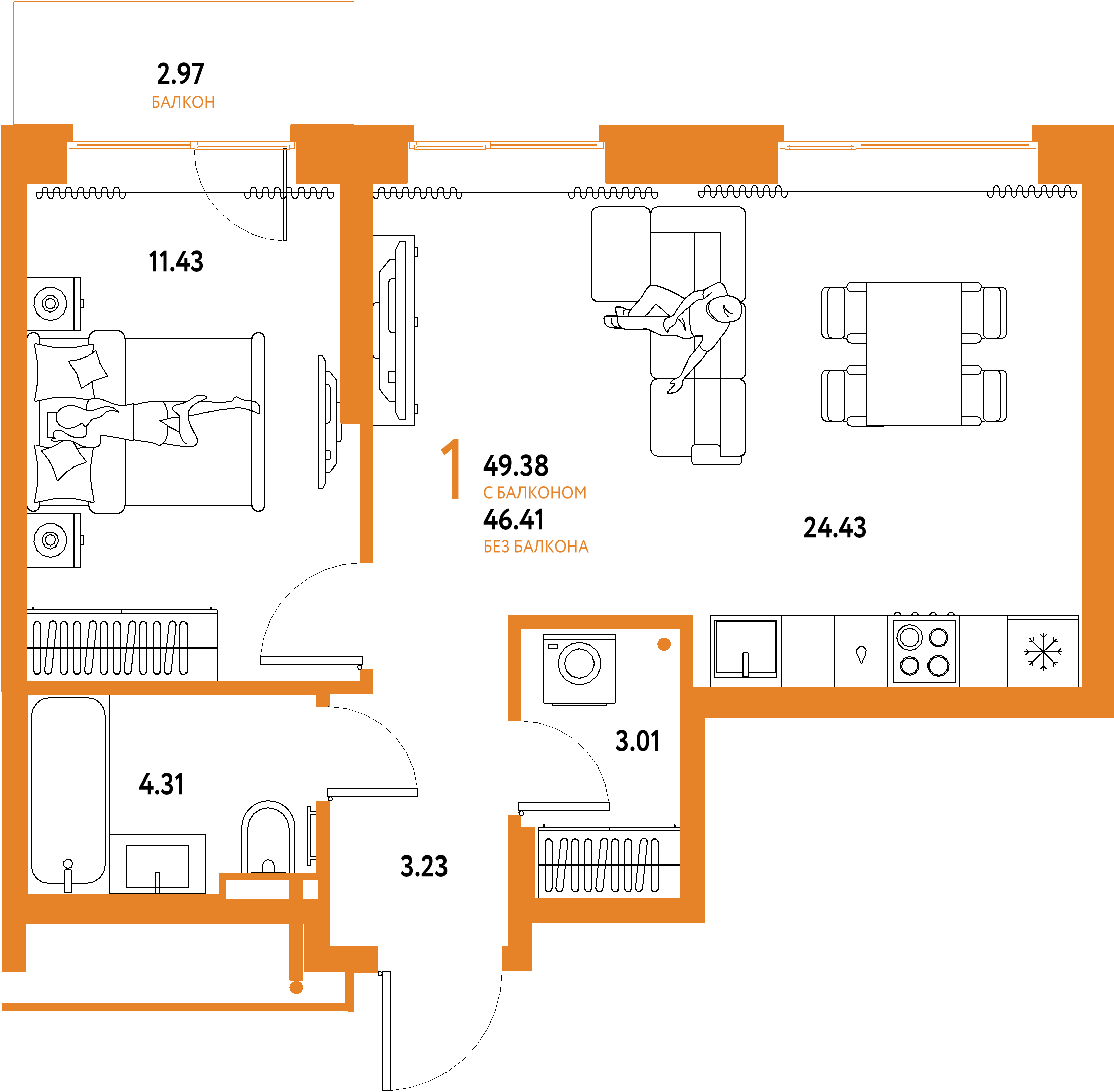 ЖК "Домашний"-1-комнатная 49.38 м²