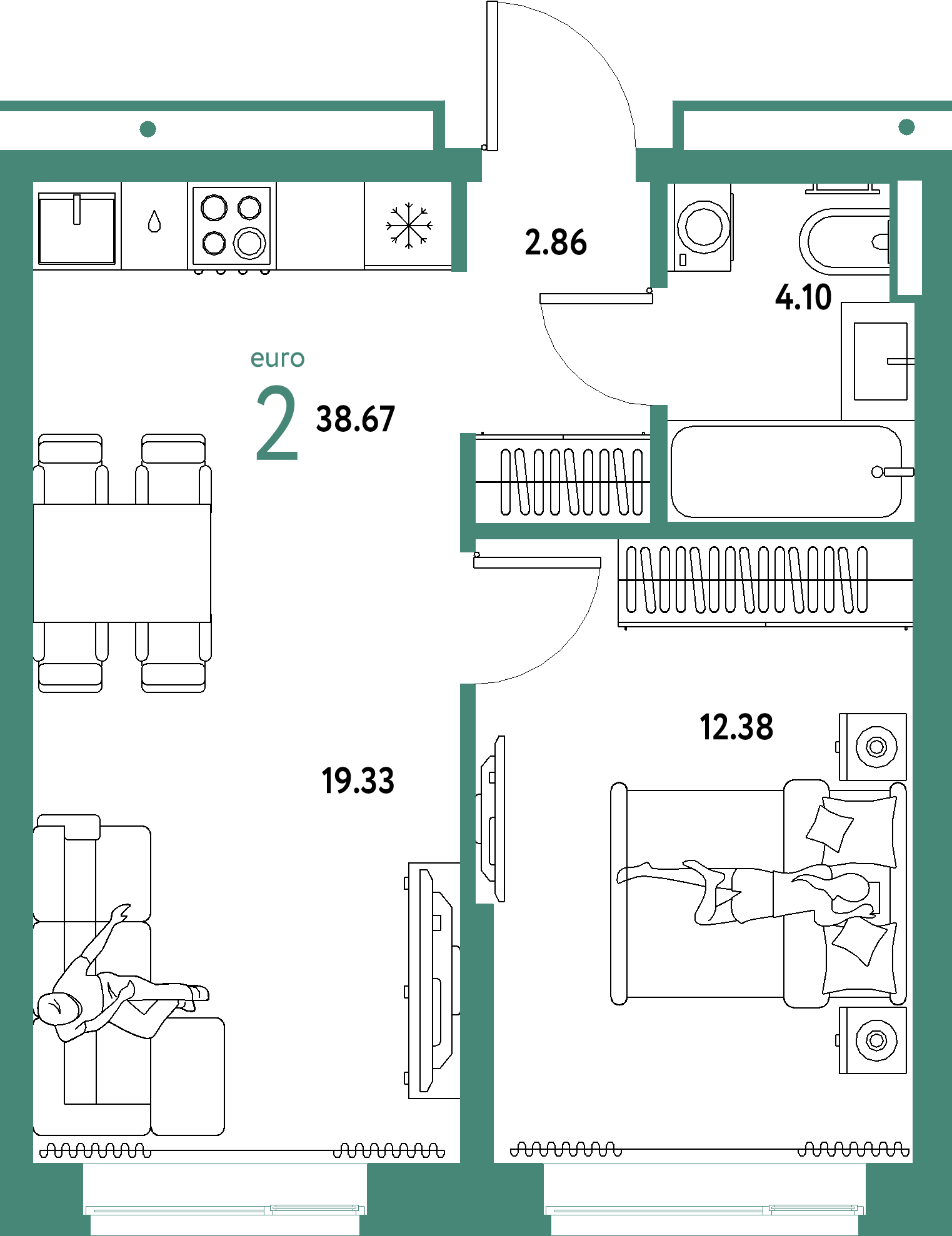 ЖК "Домашний"-2-комнатная 38.67 м²