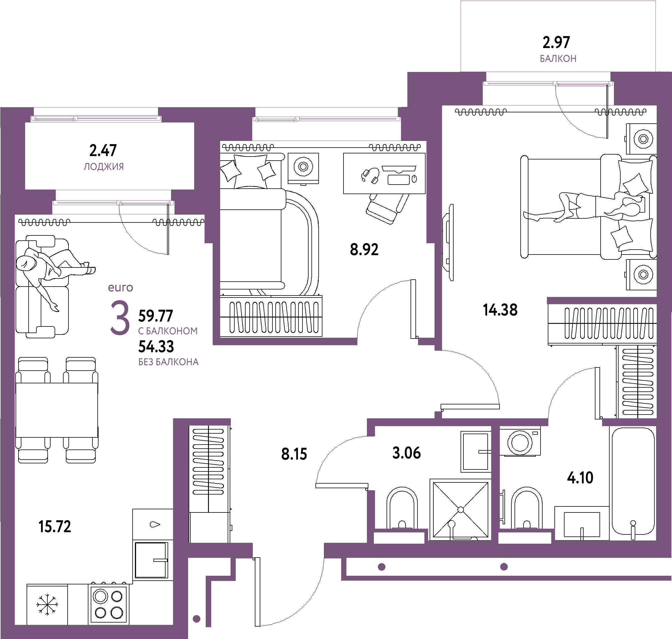 ЖК "Домашний"-3-комнатная 59.77 м²