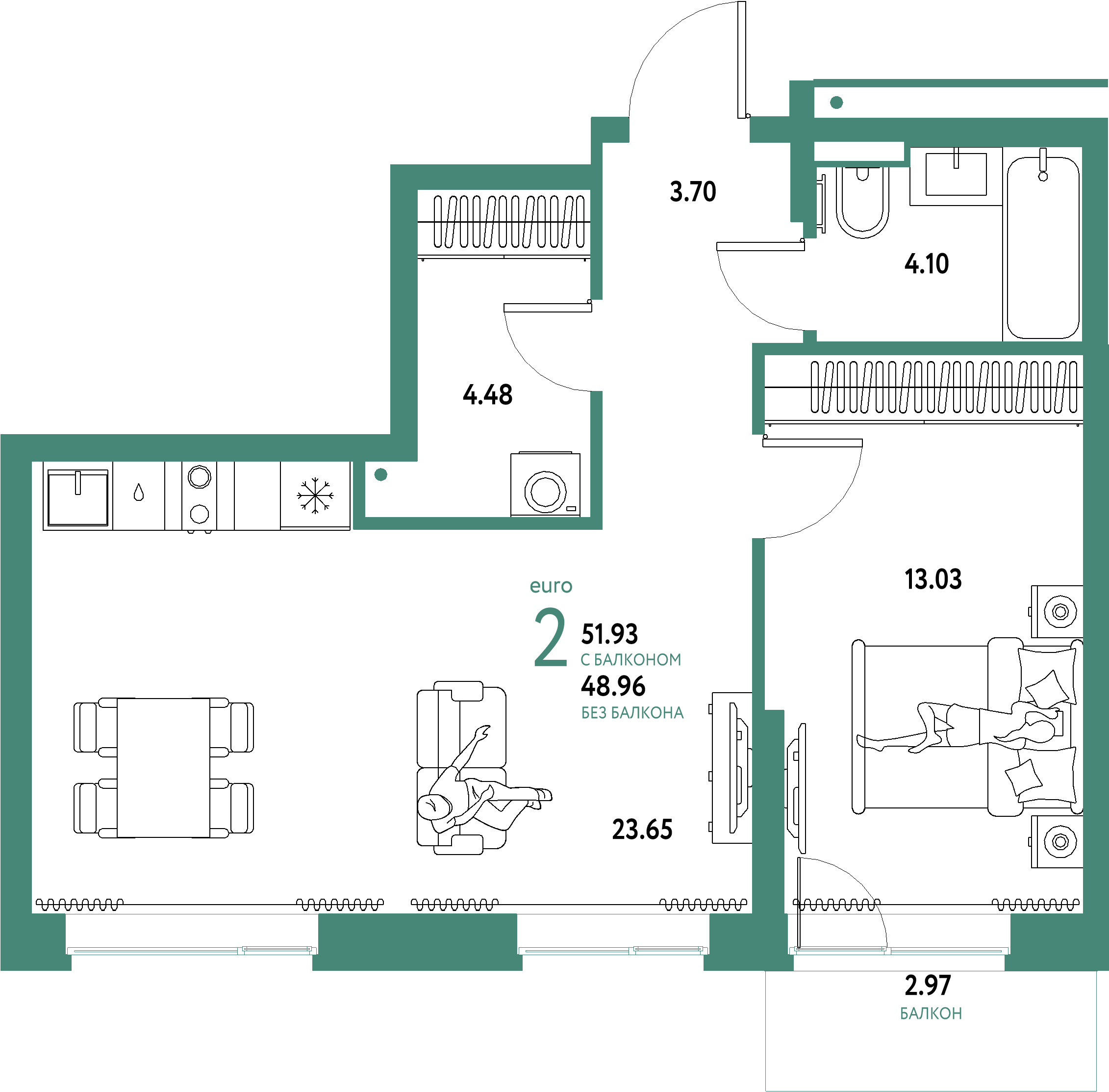 ЖК "Домашний"-2-комнатная 51.93 м²
