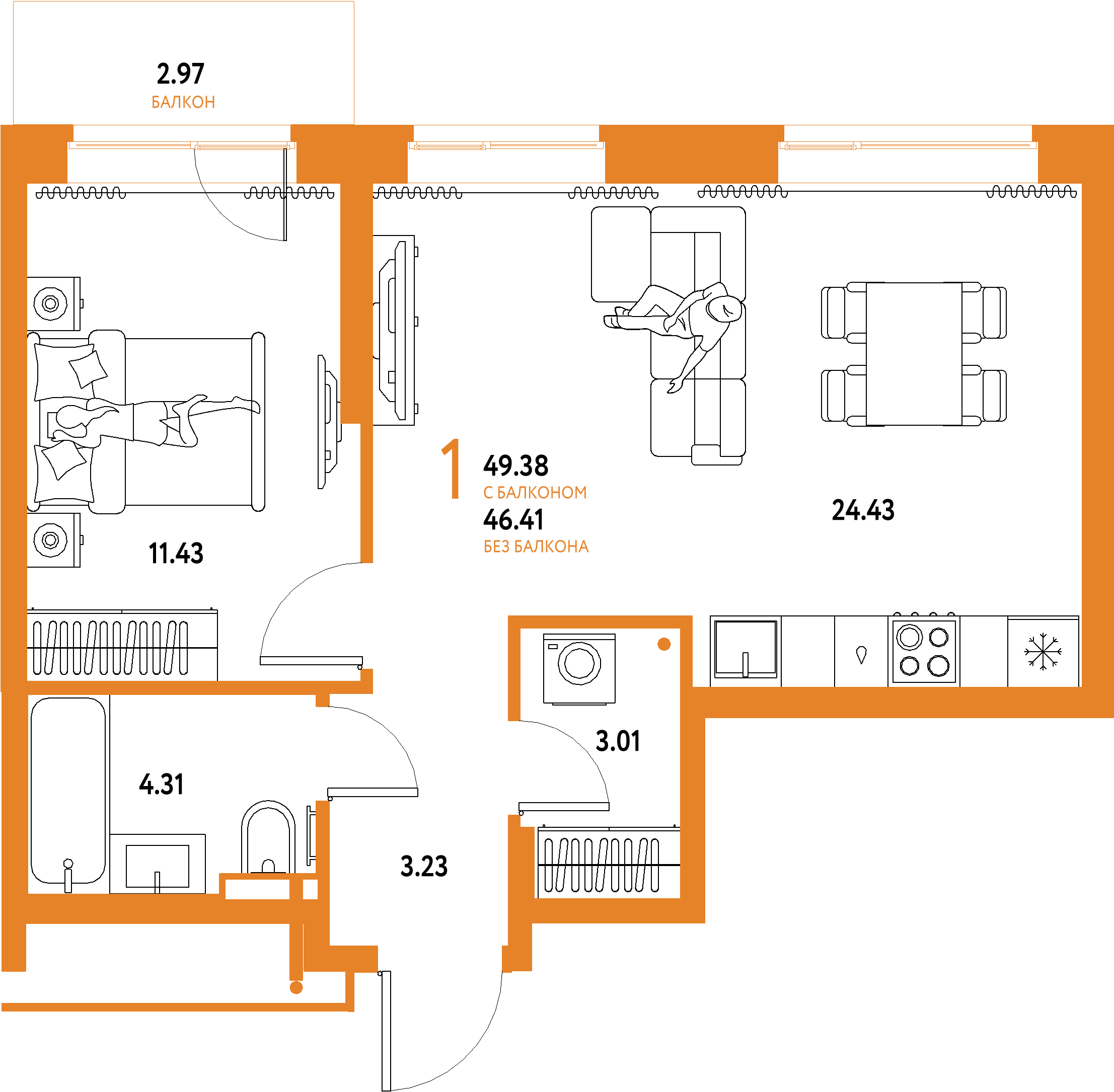 ЖК "Домашний"-1-комнатная 49.38 м²