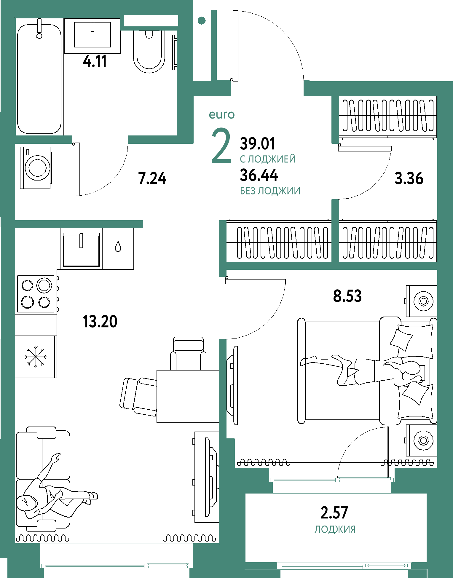 ЖК "Домашний"-2-комнатная 39.01 м²