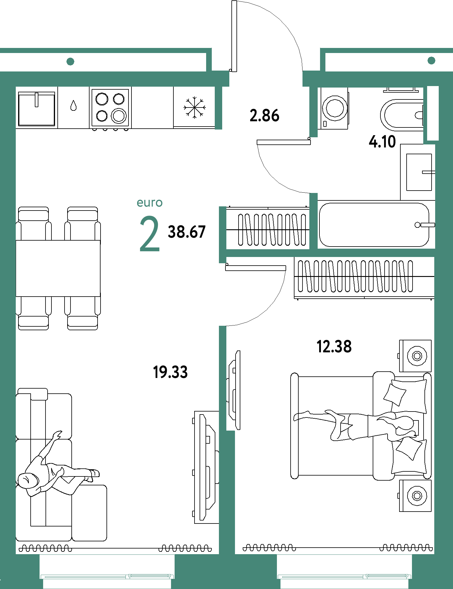 ЖК "Домашний"-2-комнатная 38.67 м²