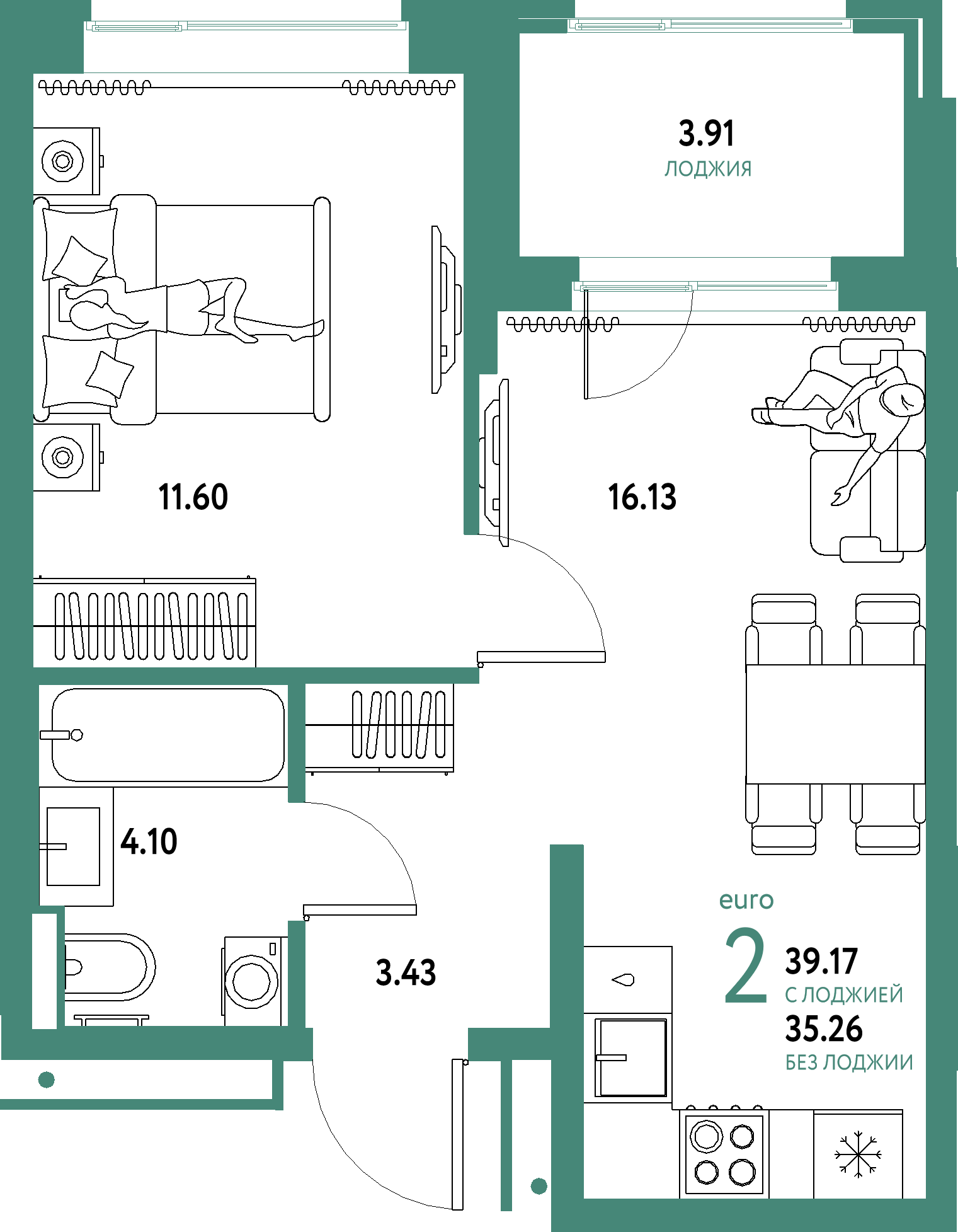 ЖК "Домашний"-2-комнатная 39.17 м²