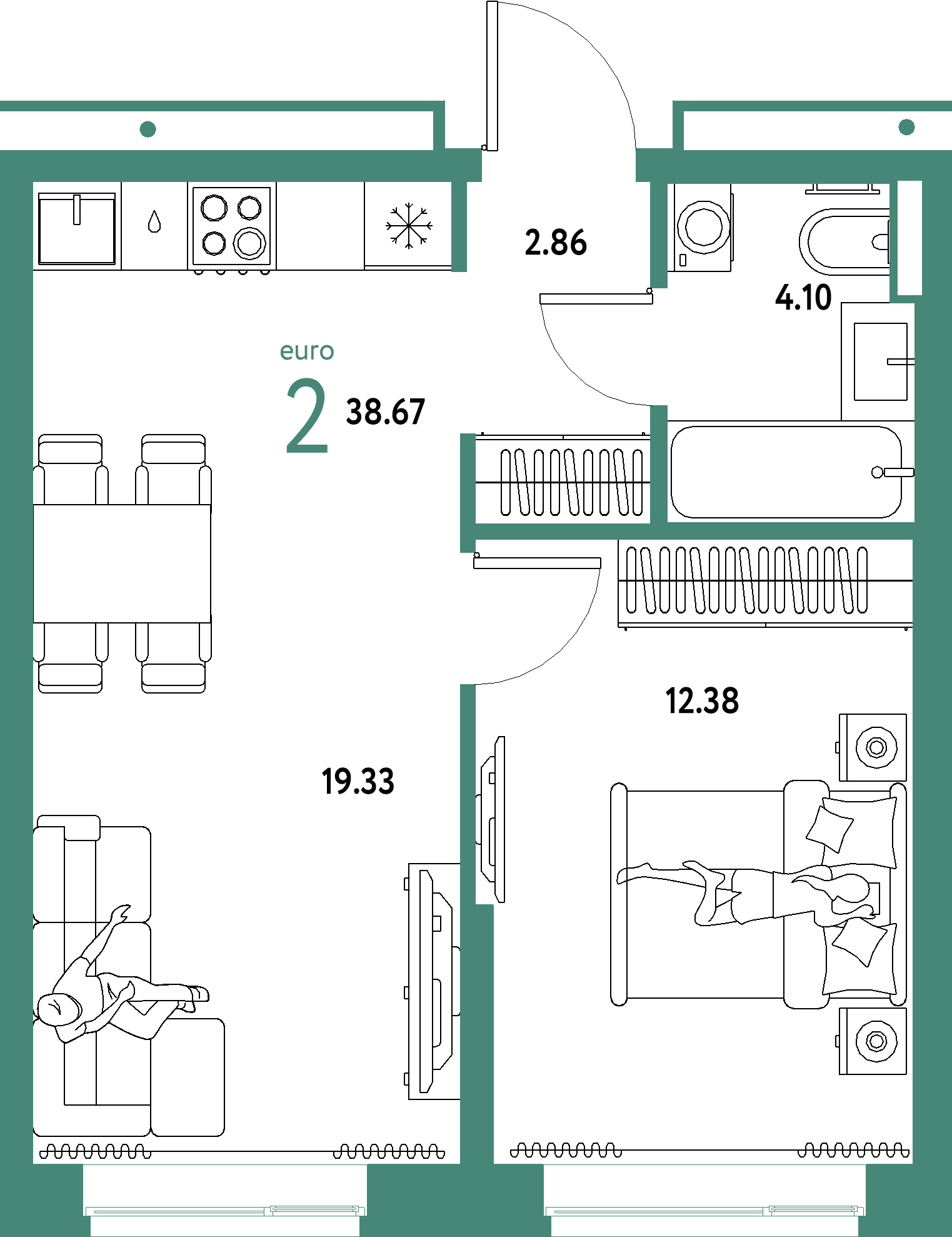 ЖК "Домашний"-2-комнатная 38.67 м²