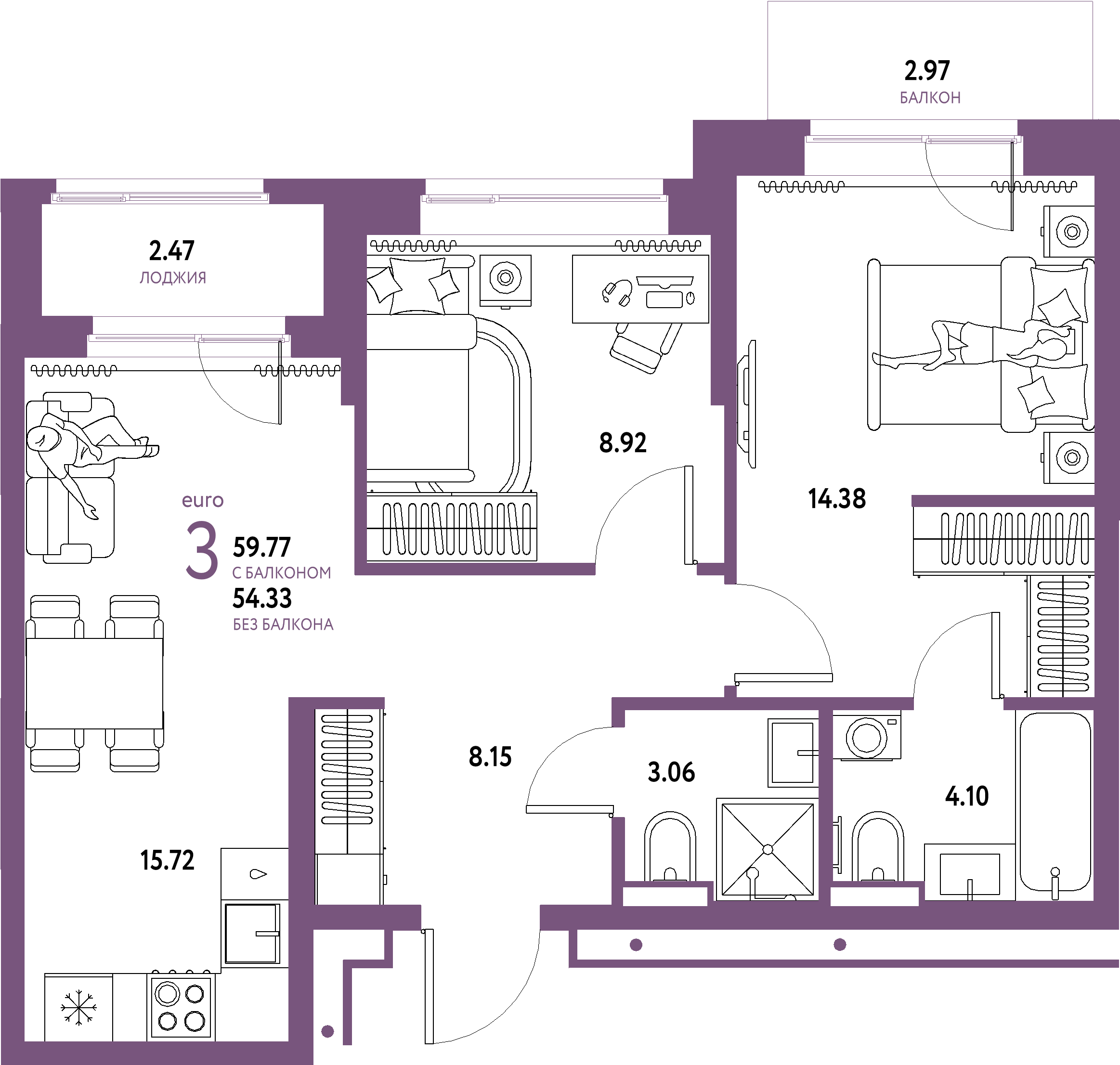 ЖК "Домашний"-3-комнатная 59.77 м²