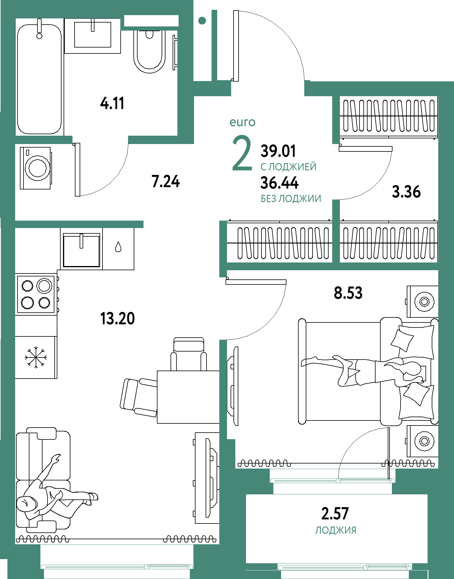 ЖК "Домашний"-2-комнатная 39.01 м²