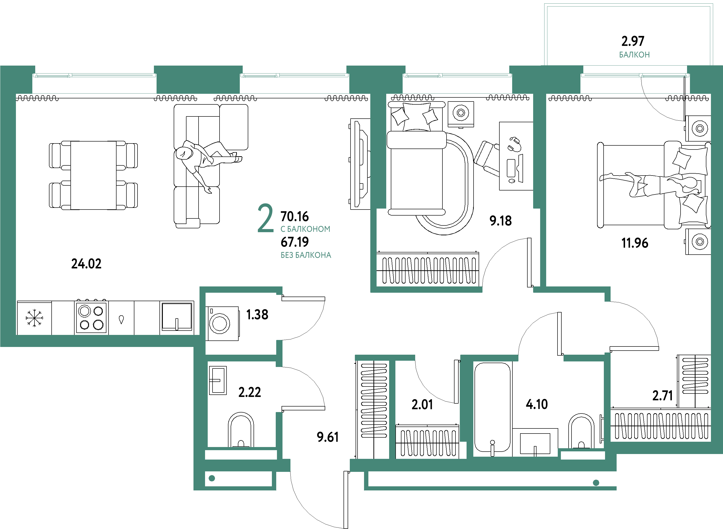 ЖК "Домашний"-3-комнатная 70.16 м²