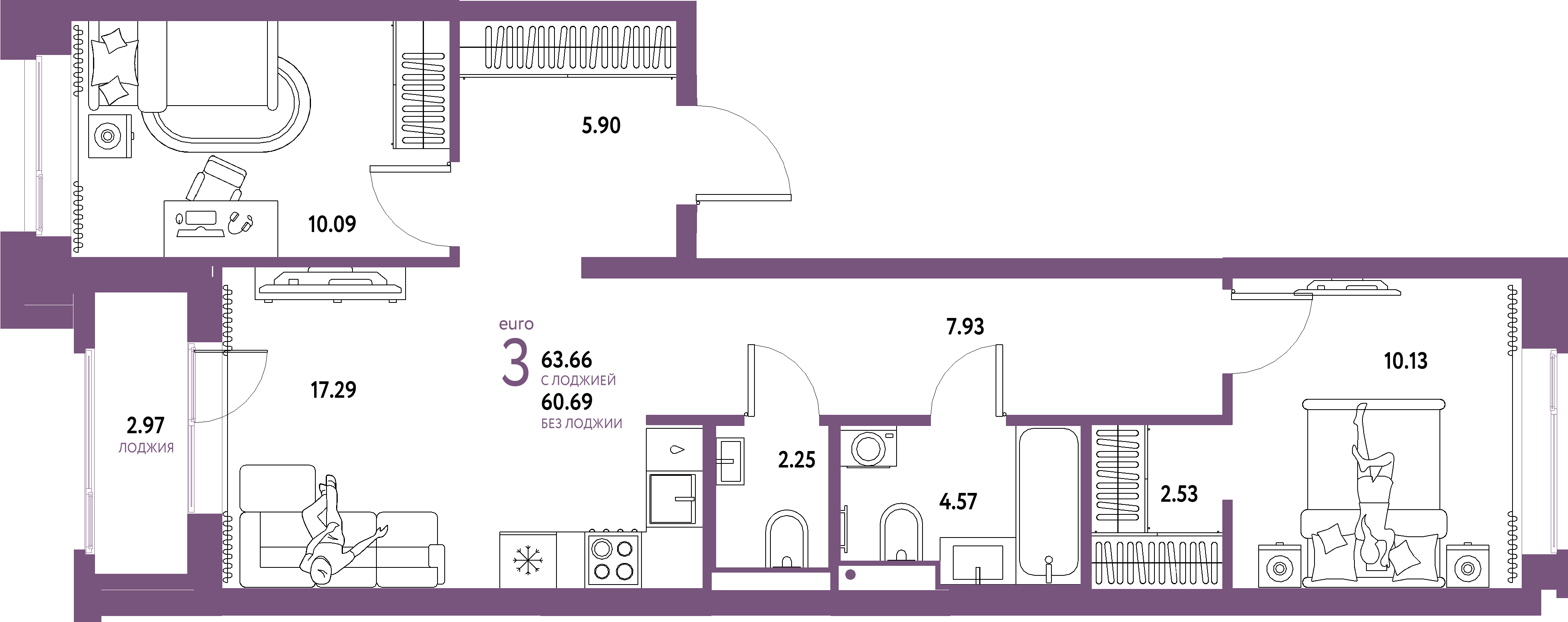 ЖК "Домашний"-3-комнатная 63.66 м²