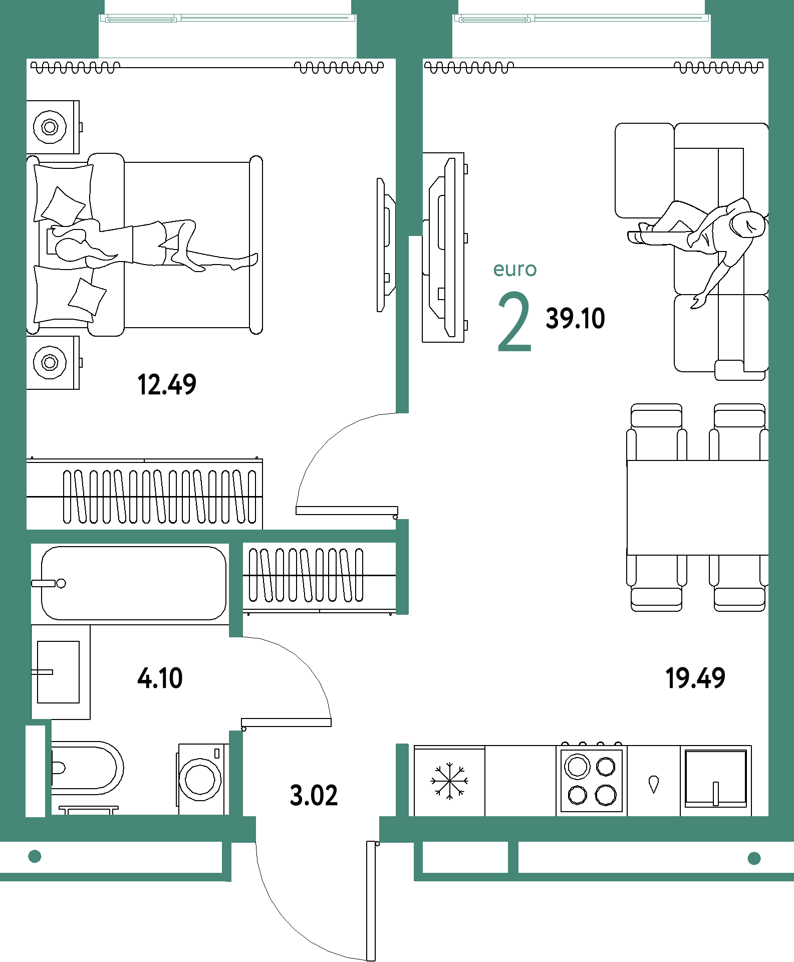 ЖК "Домашний"-2-комнатная 39.1 м²