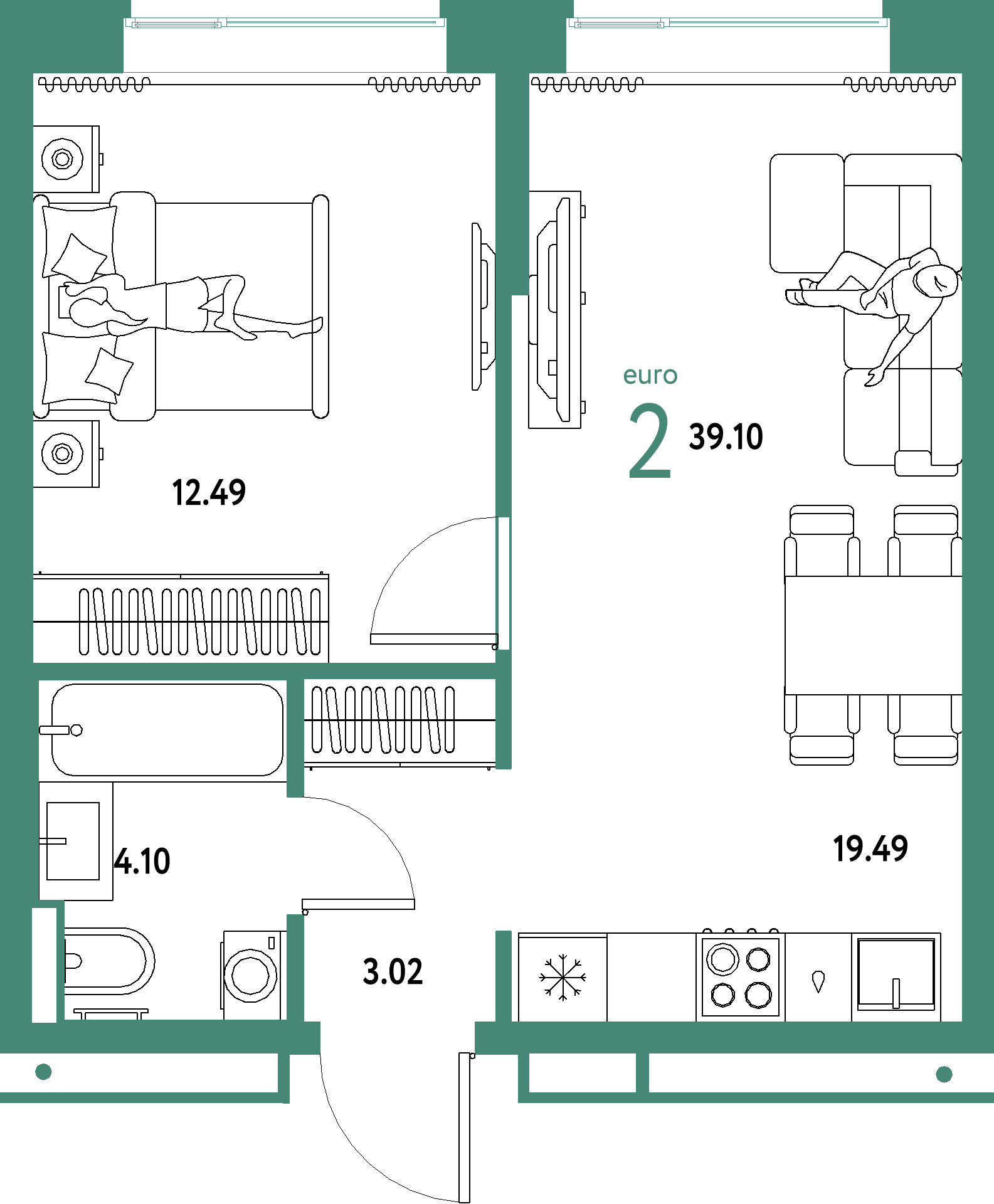 ЖК "Домашний"-2-комнатная 39.1 м²