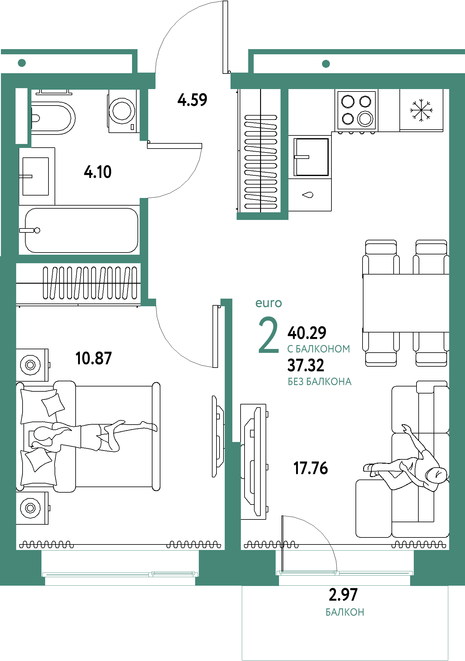 ЖК "Домашний"-2-комнатная 40.29 м²