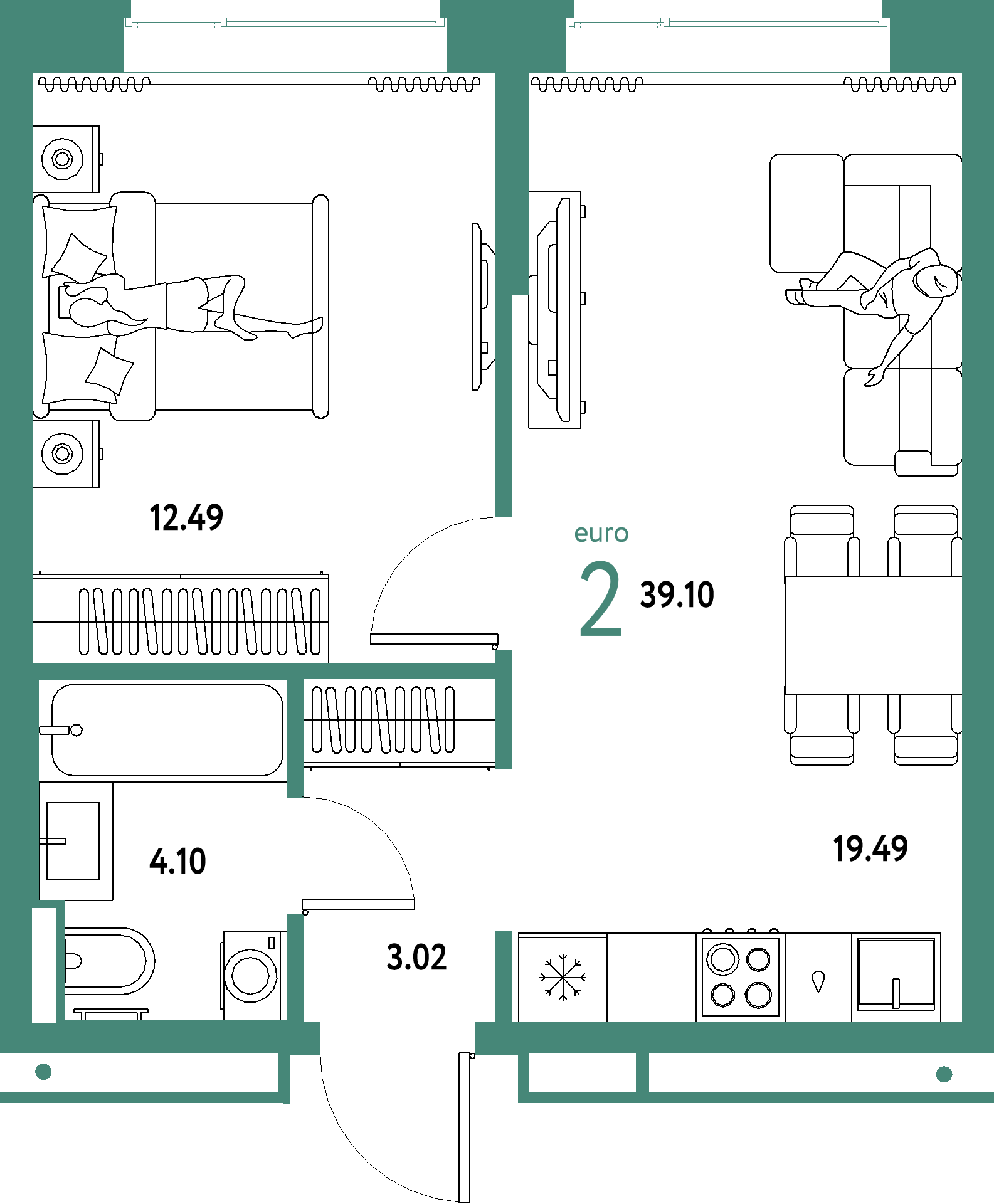 ЖК "Домашний"-2-комнатная 39.1 м²