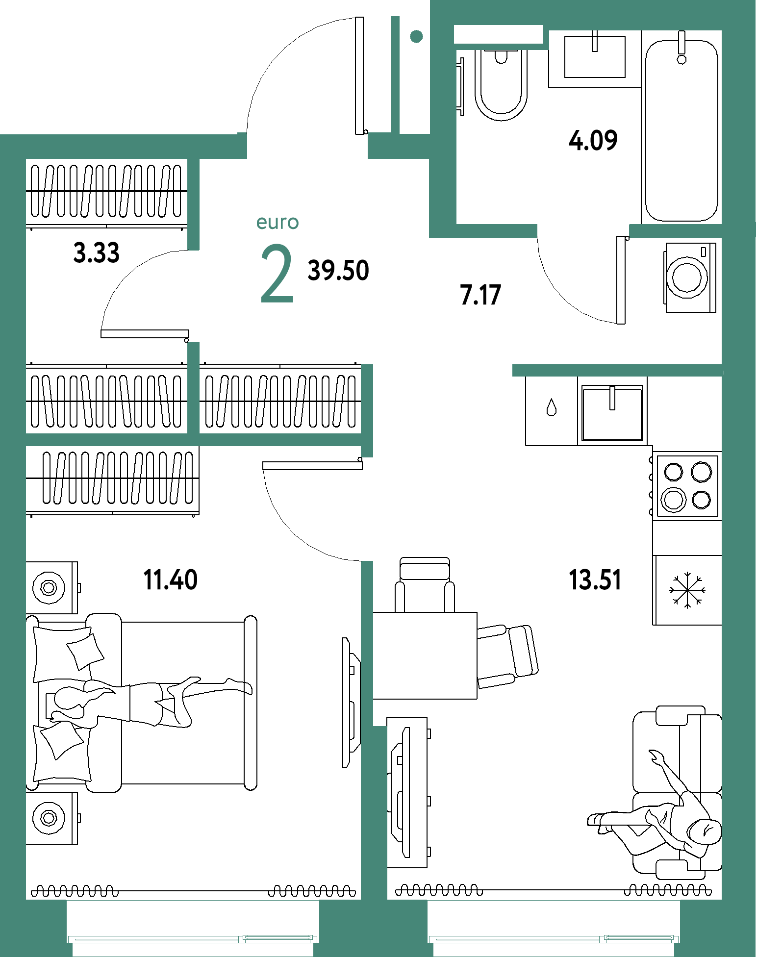 ЖК "Домашний"-2-комнатная 39.5 м²
