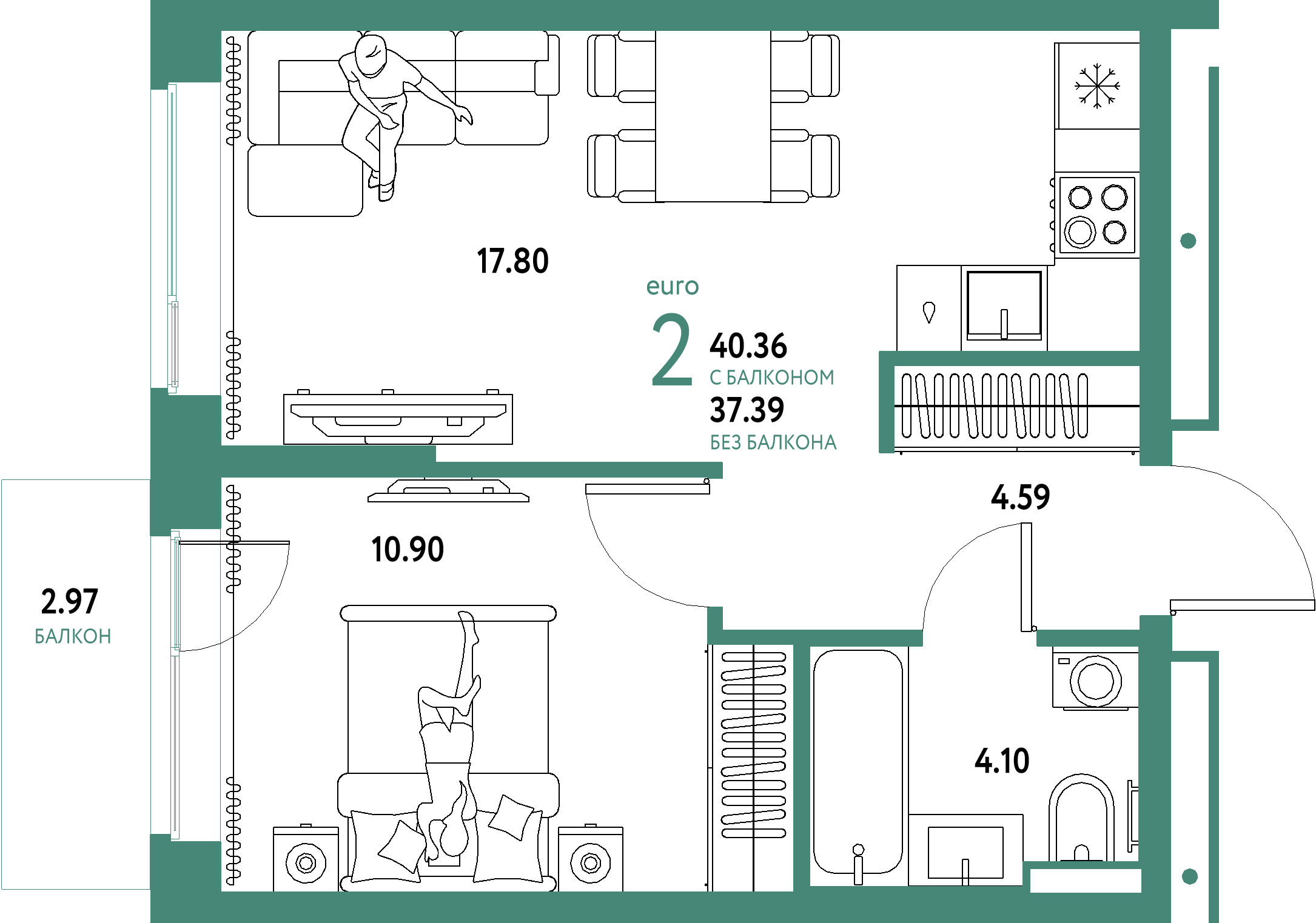 ЖК "Домашний"-2-комнатная 40.36 м²