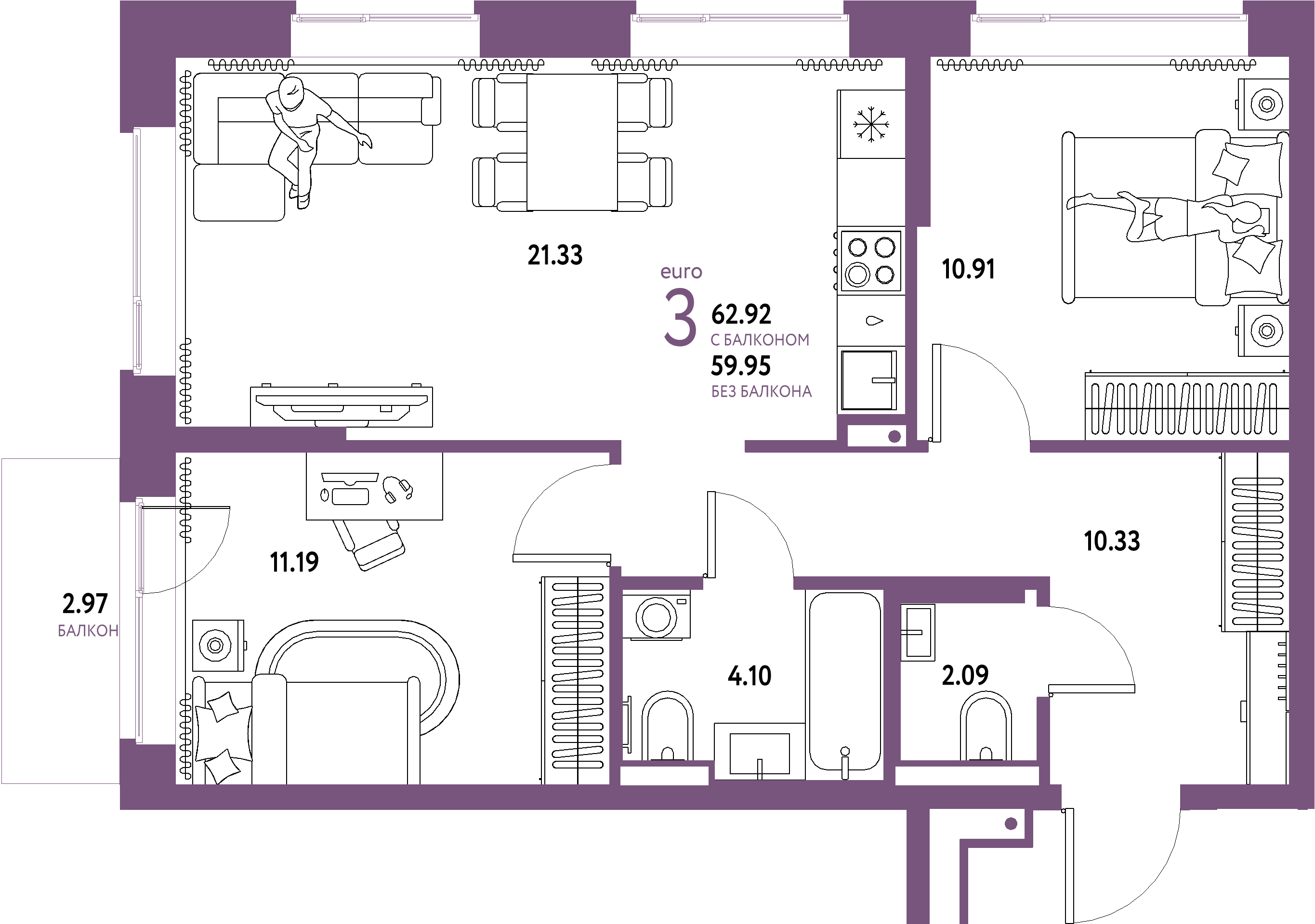 Купить 3-комнатную квартиру 62.92м², этаж №6 кв №315 в ЖК 