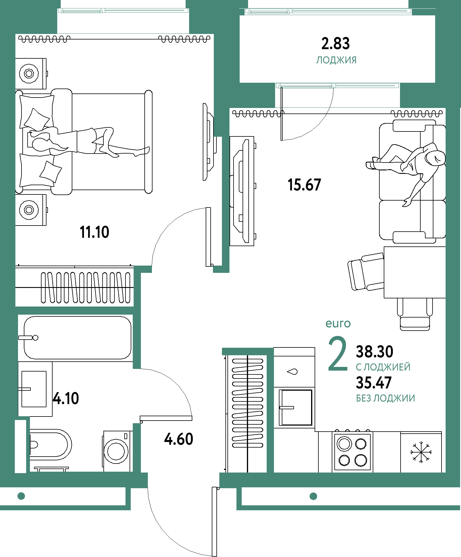 ЖК "Домашний"-2-комнатная 38.3 м²