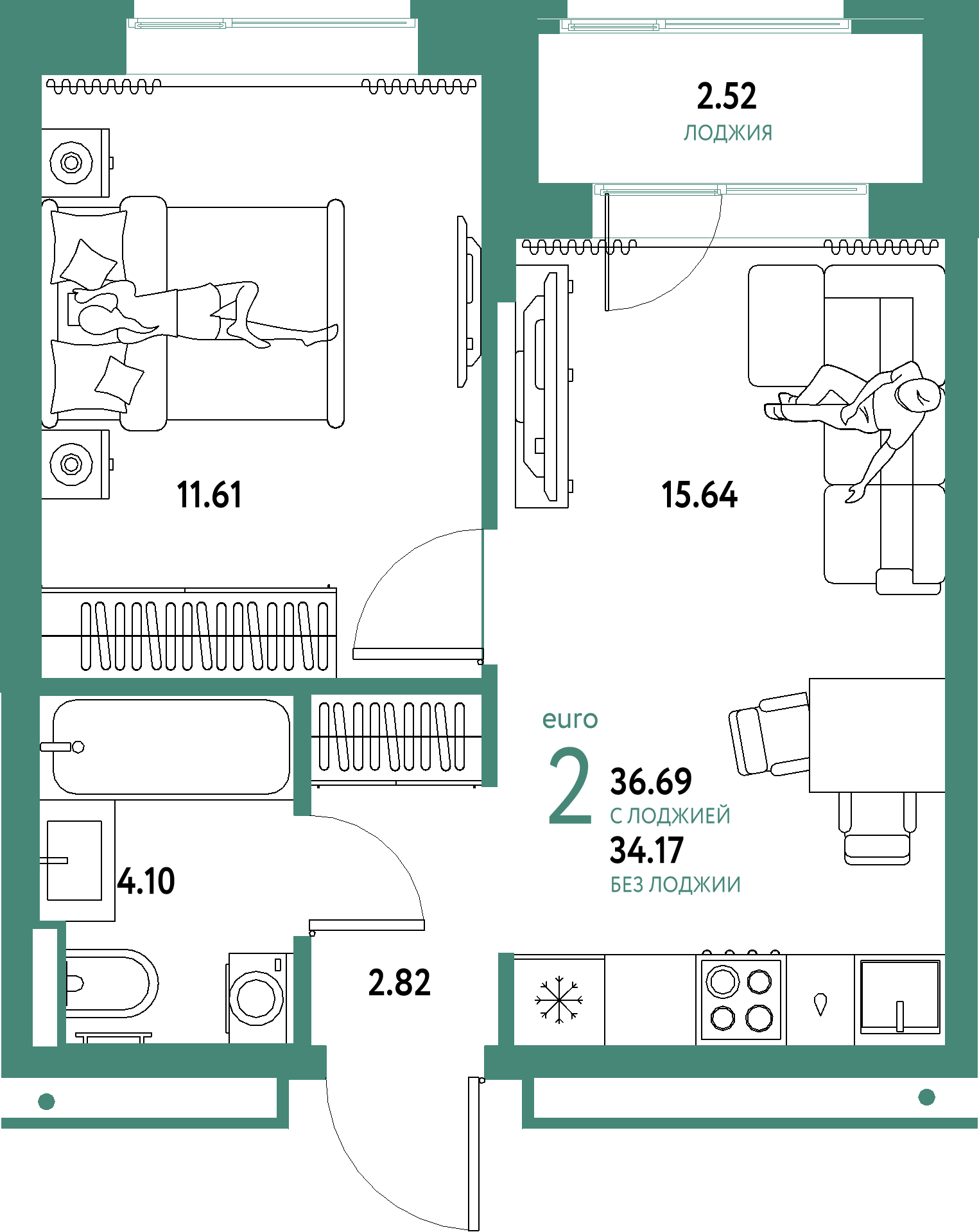 ЖК "Домашний"-2-комнатная 36.69 м²