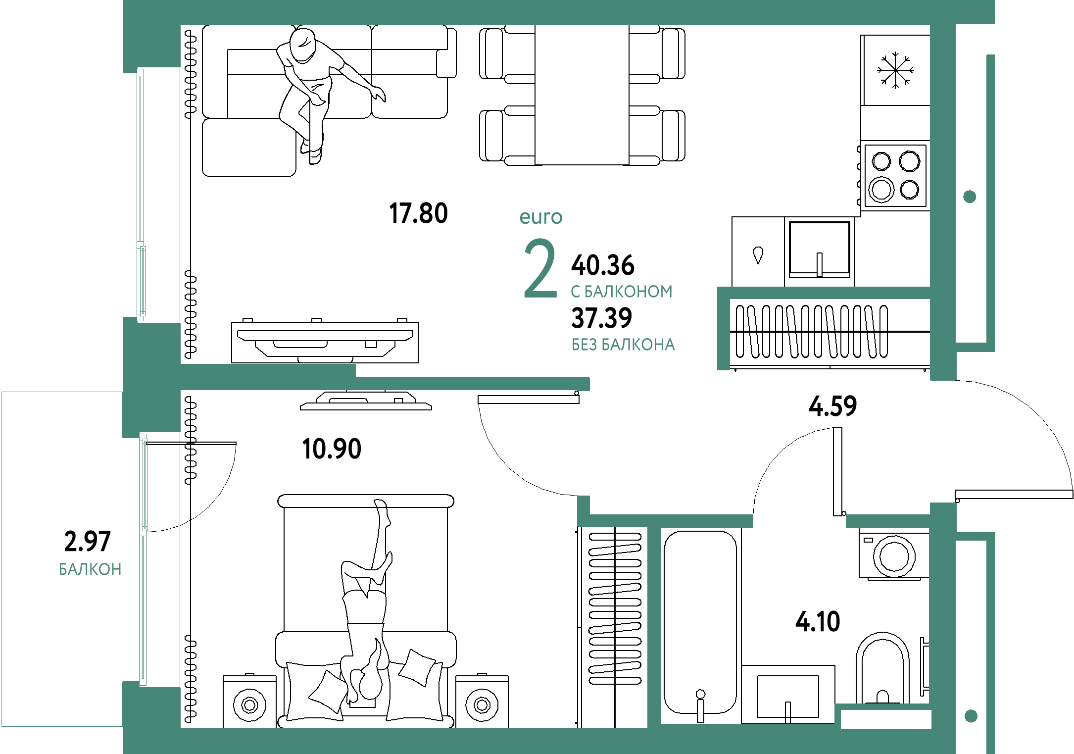 ЖК "Домашний"-2-комнатная 40.36 м²